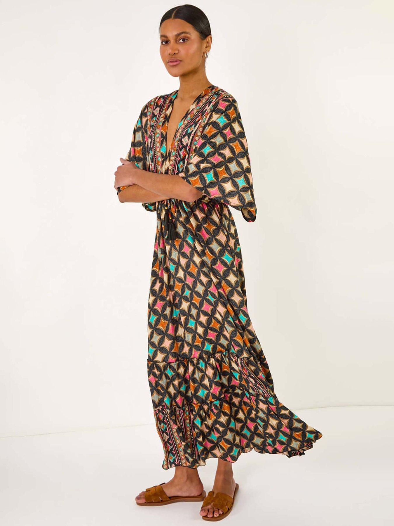 undefined Geo Print V-neck Frill Maxi Dress - Black
