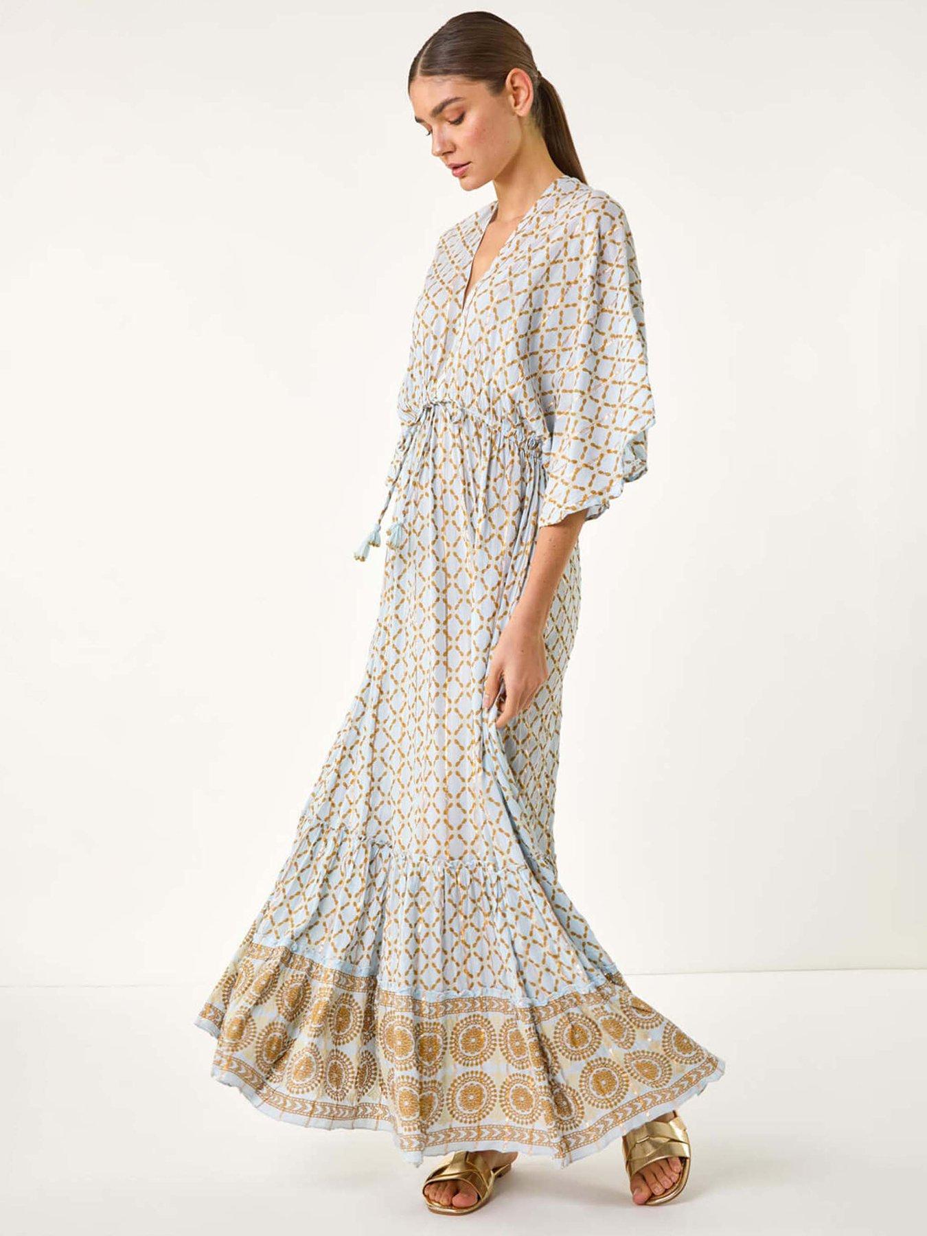 Roman Shimmer Boho Border Maxi Dress - Blue
