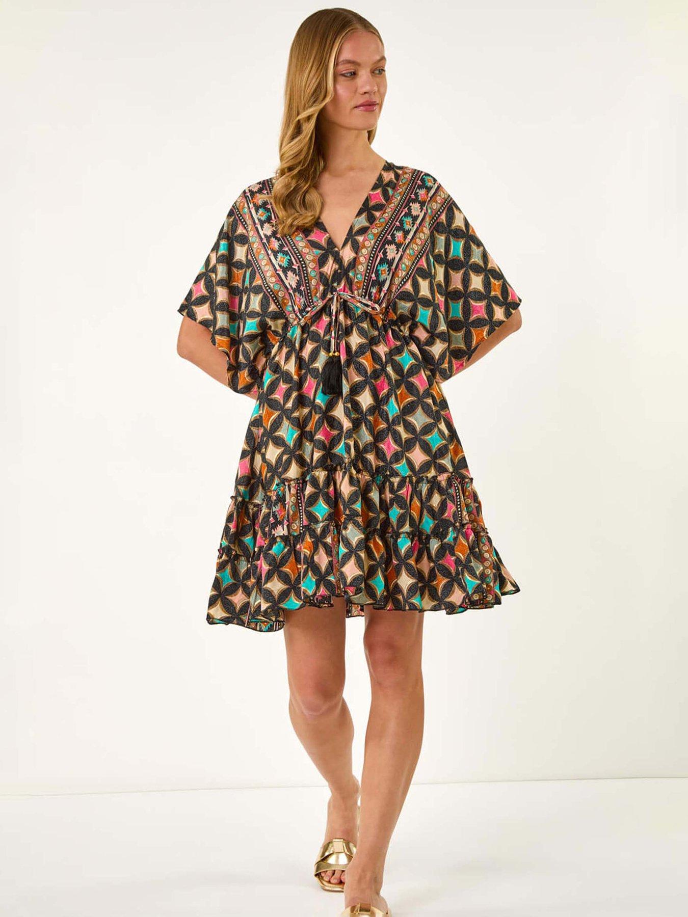 undefined Geometric Boho Print V-neck Mini Dress - Black