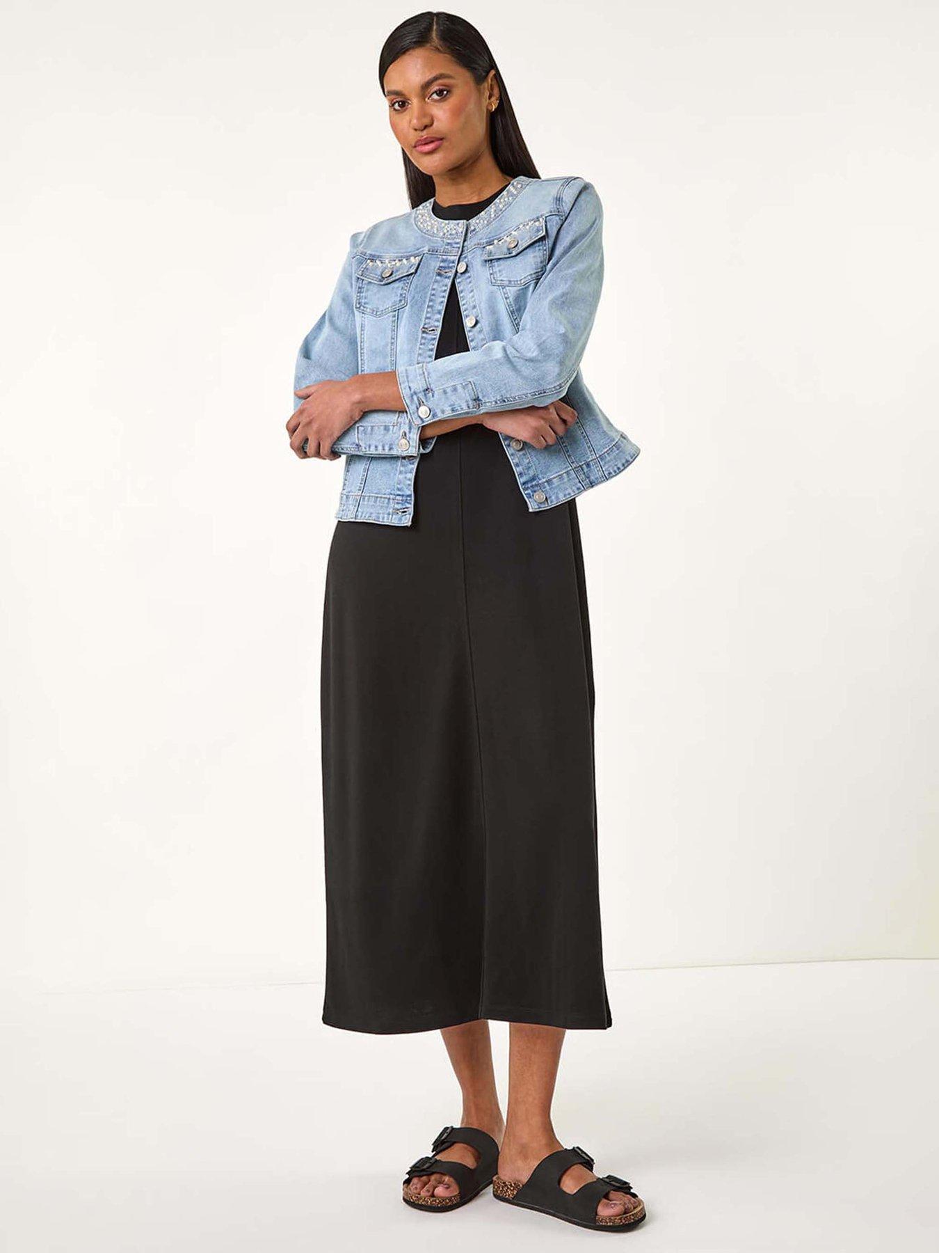 undefined Pearl Detail Collarless Jacket - Blue