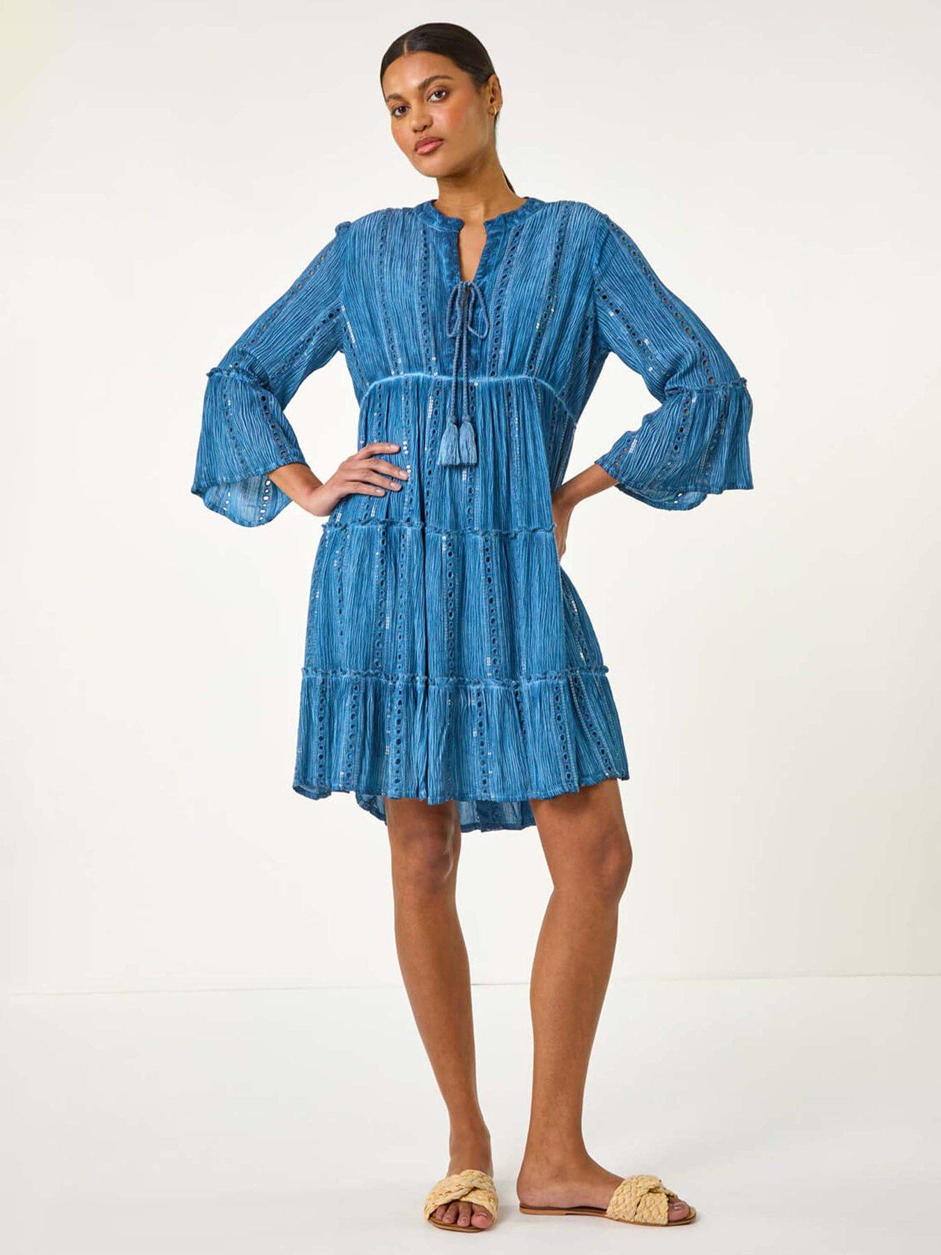 undefined Shimmer Tie Detail Smock Dress - Blue
