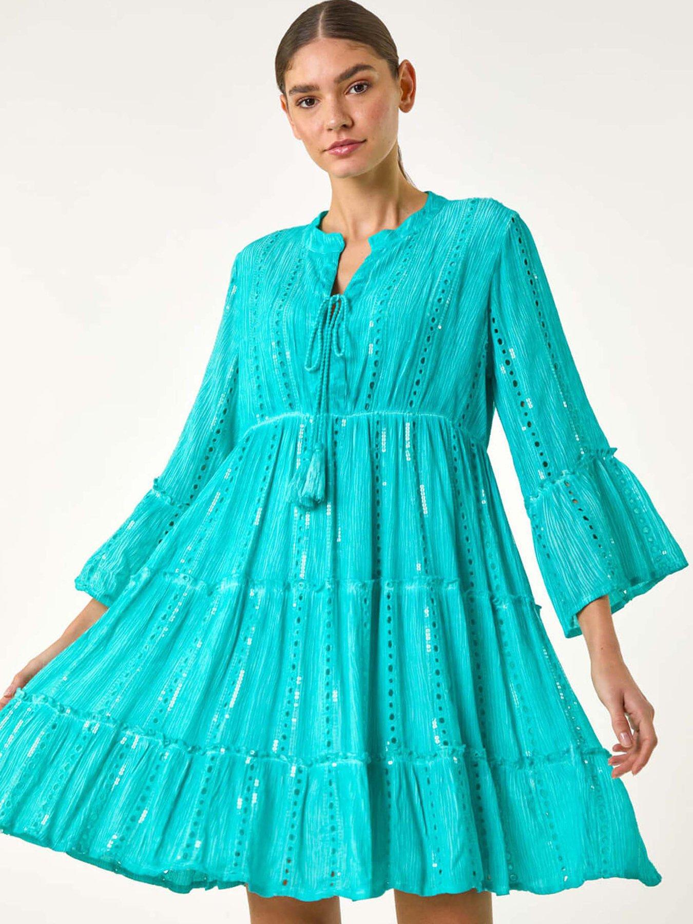 undefined Shimmer Tie Detail Smock Dress - Blue