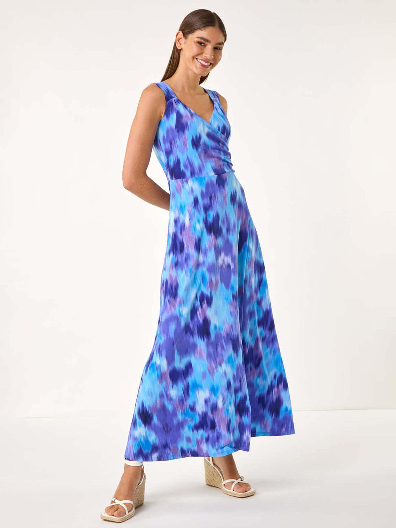undefined Abstract Print Gathered V-neck Maxi Dress - Purple