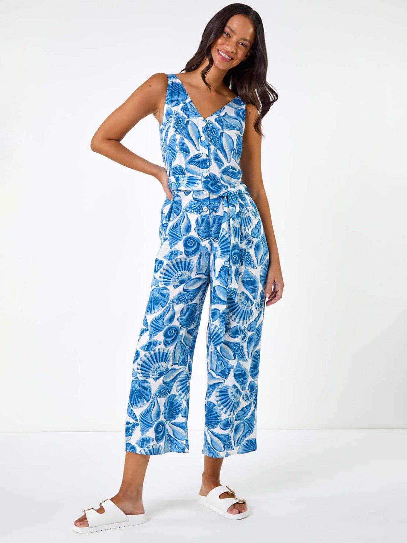 undefined Dusk Shell Print Button Jumpsuit - Blue