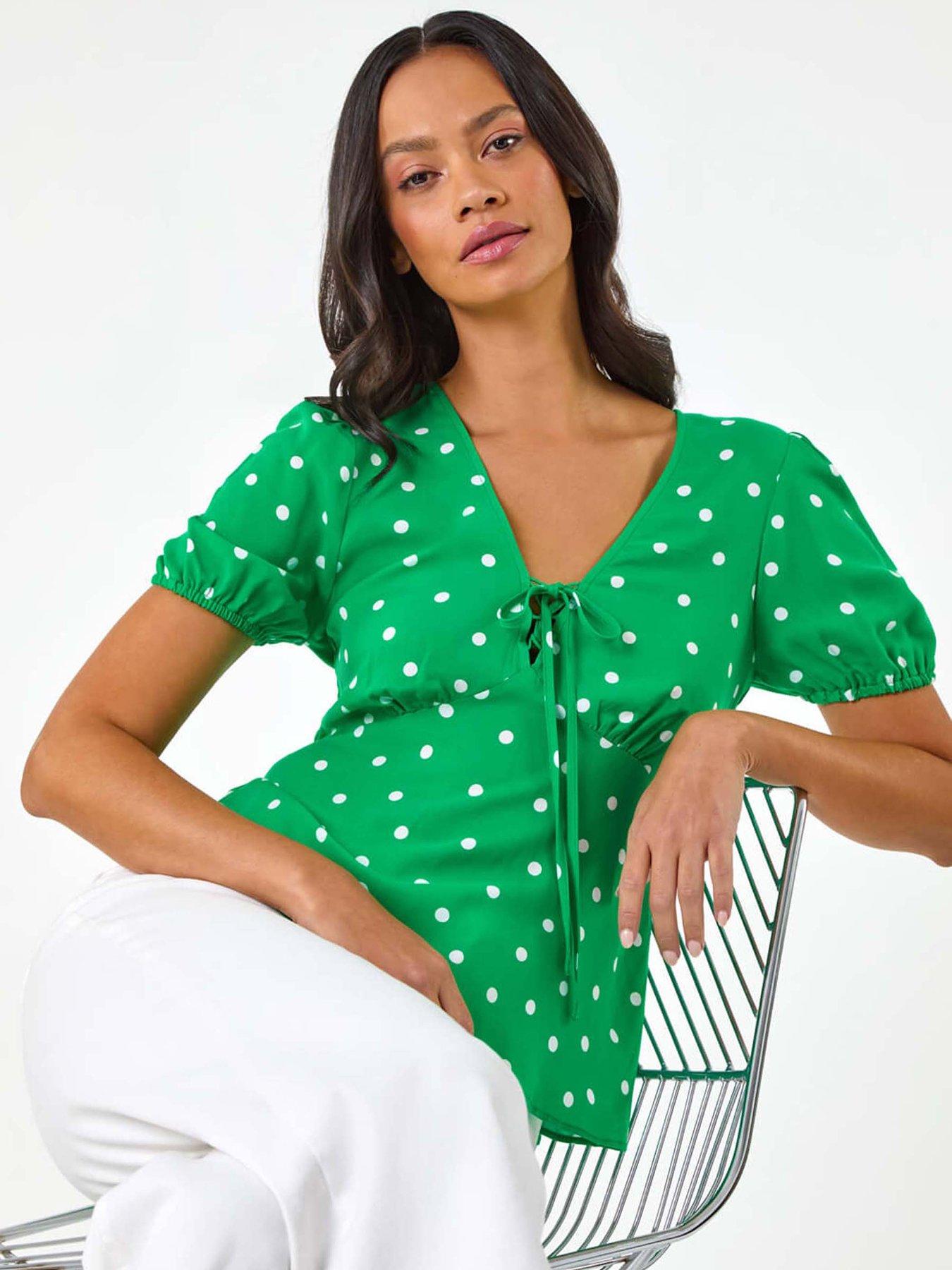 Roman Dusk Spot Print Tie Front Top - Green