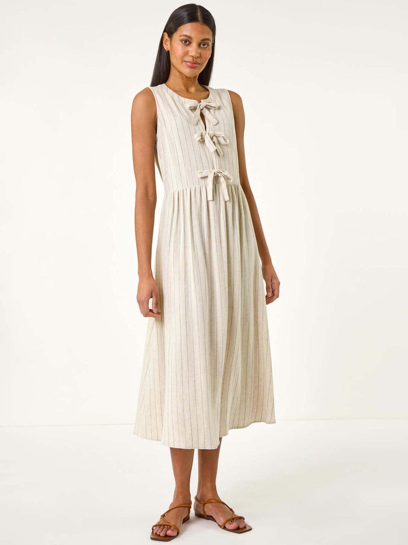 undefined Pinstripe Bow Detail Midi Dress - Beige