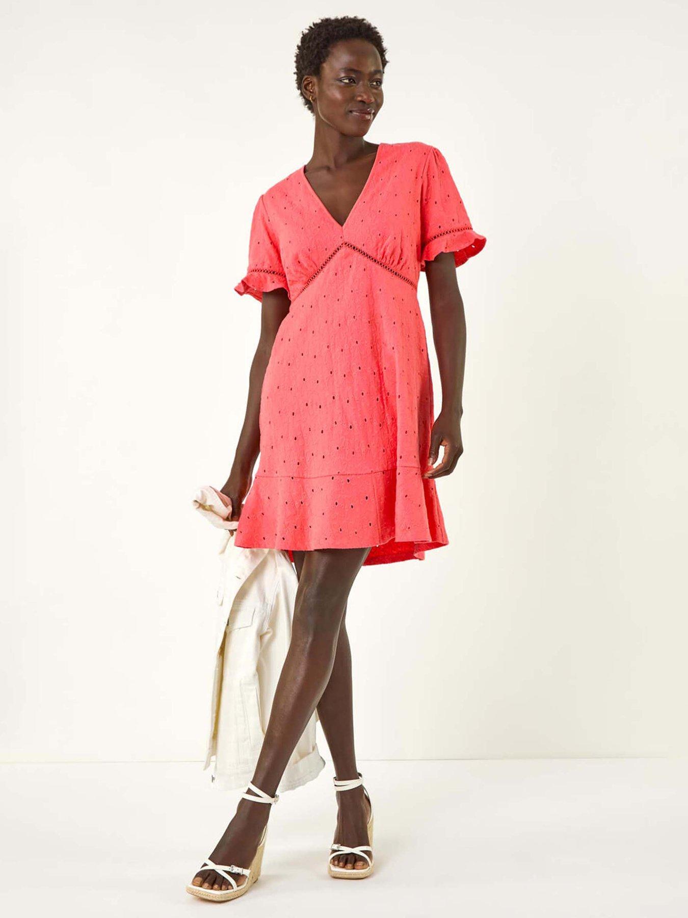 Roman Embroidered Cotton Stretch Frill Dress - Pink | Very