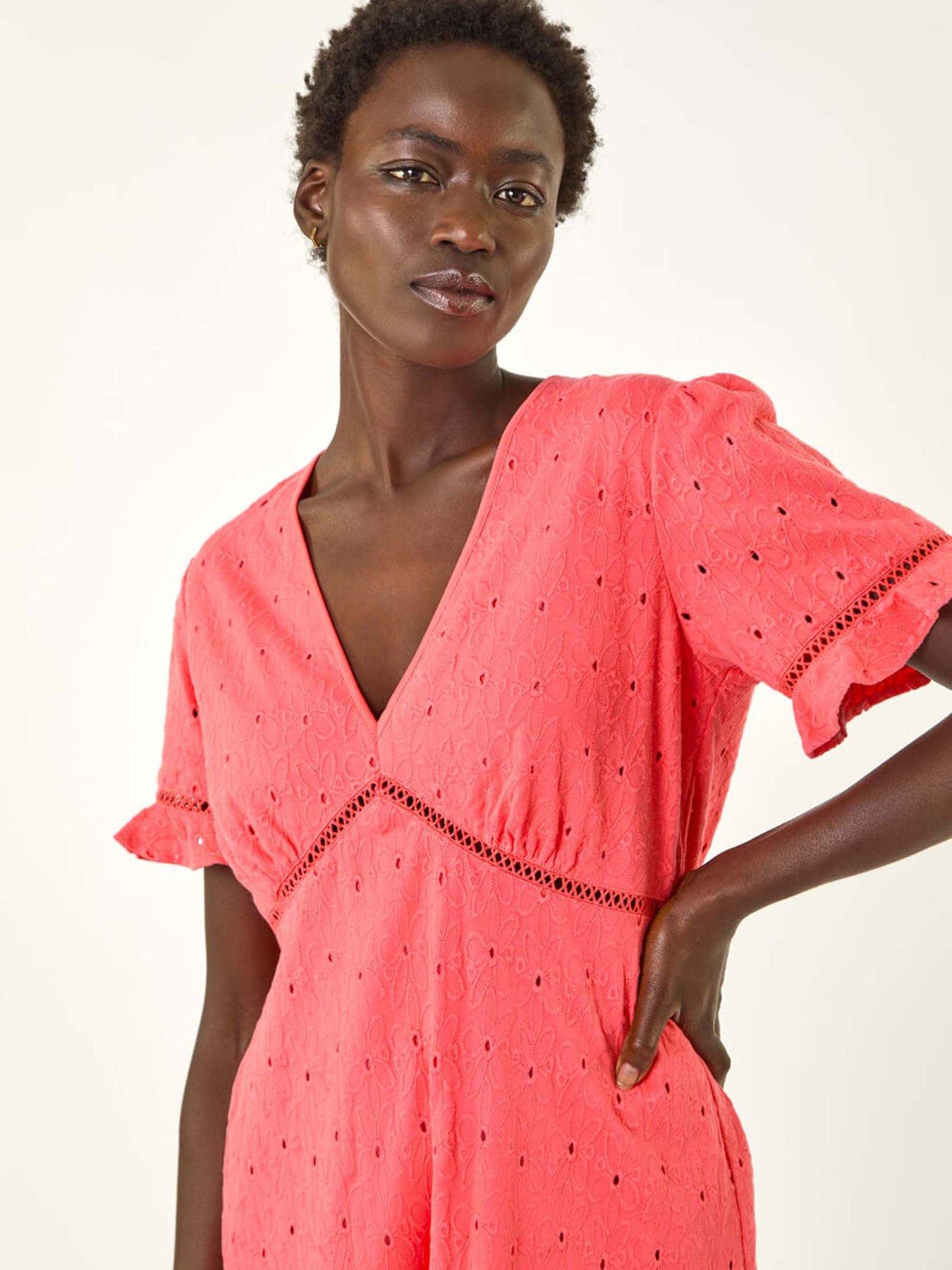 Roman Embroidered Cotton Stretch Frill Dress - Pink | Very