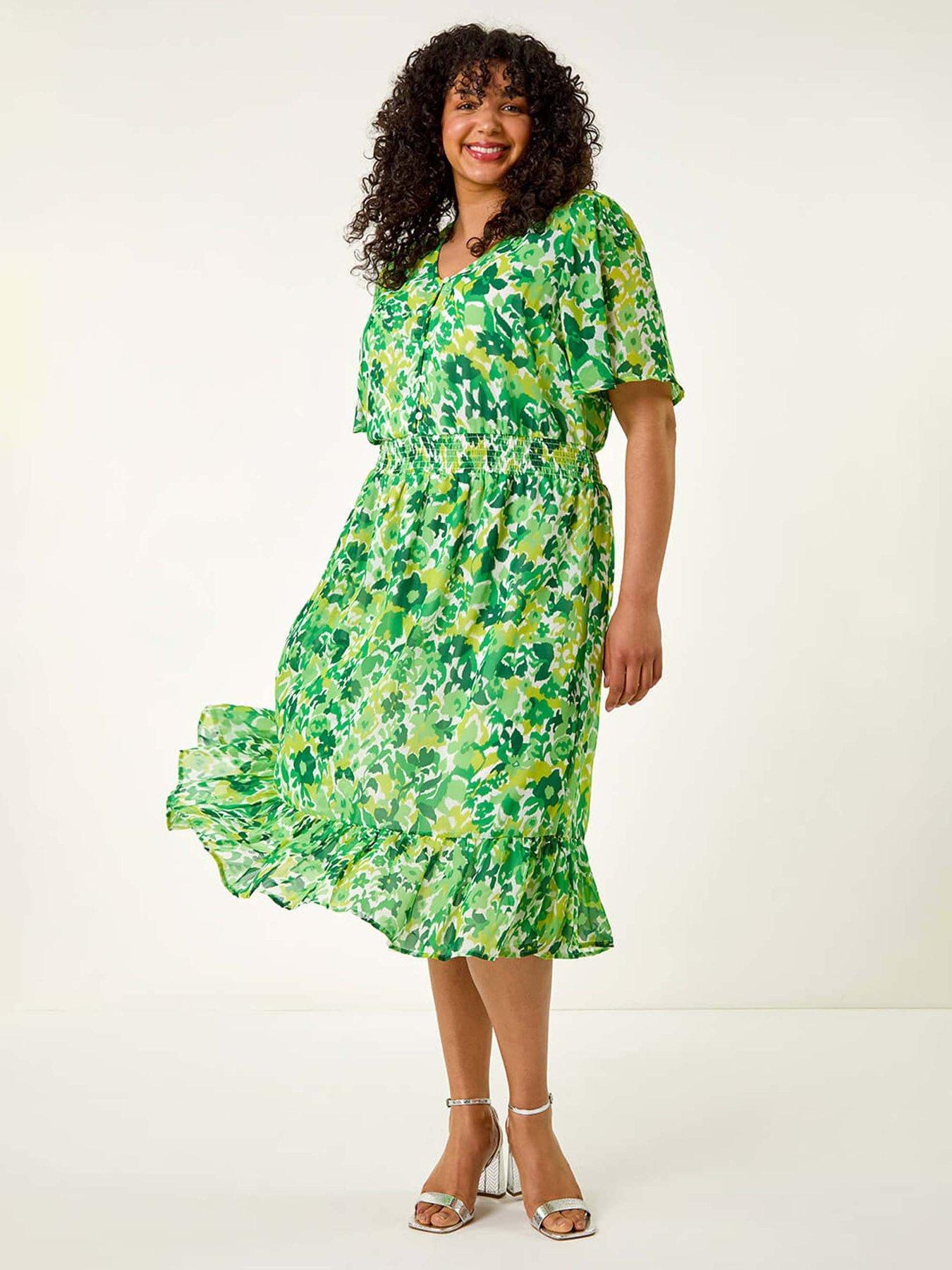 undefined Curve Floral Button Detail Midi Dress - Green