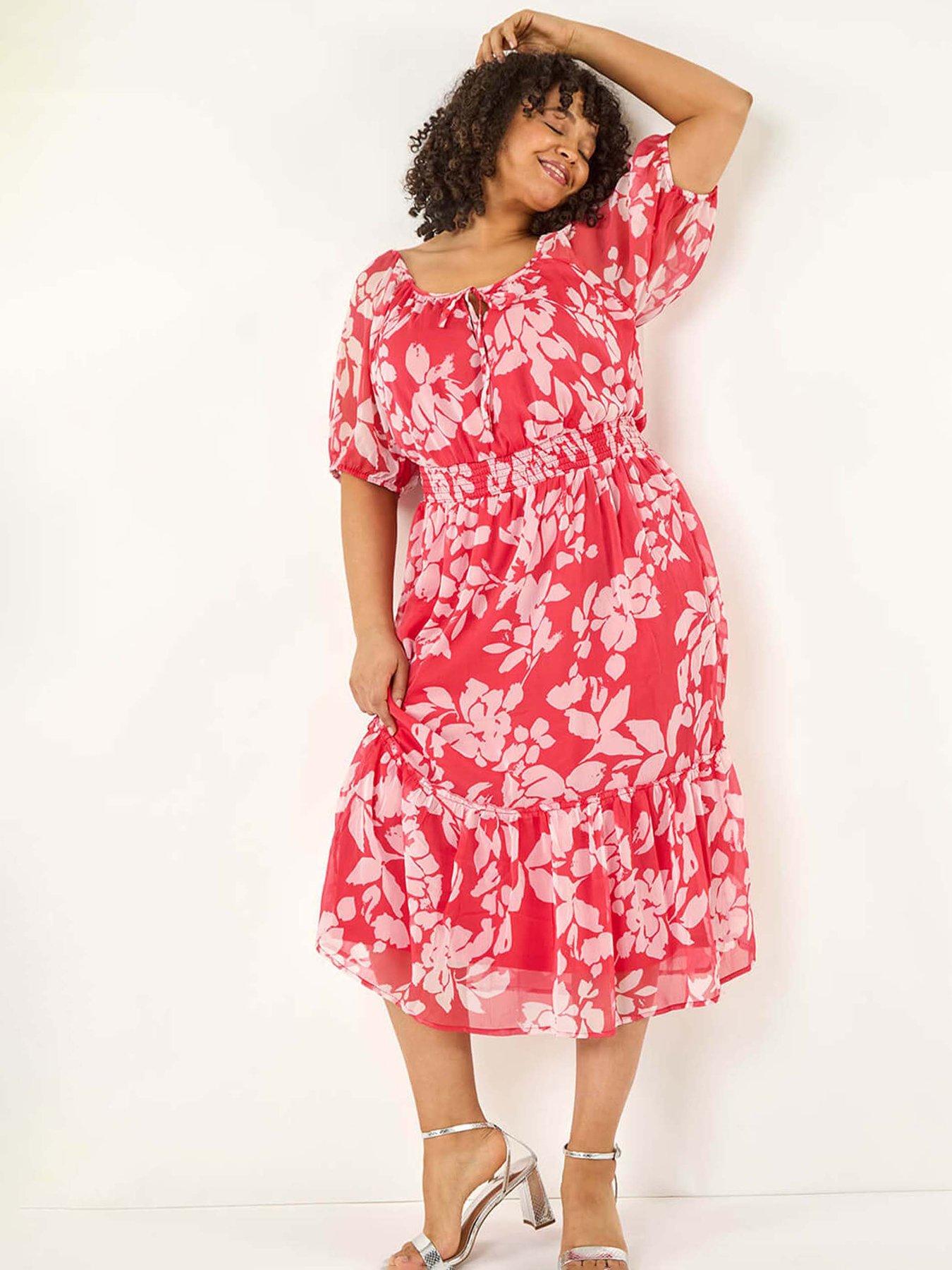 undefined Curve Tropical Print Tie Neck Midi Dress - Pink