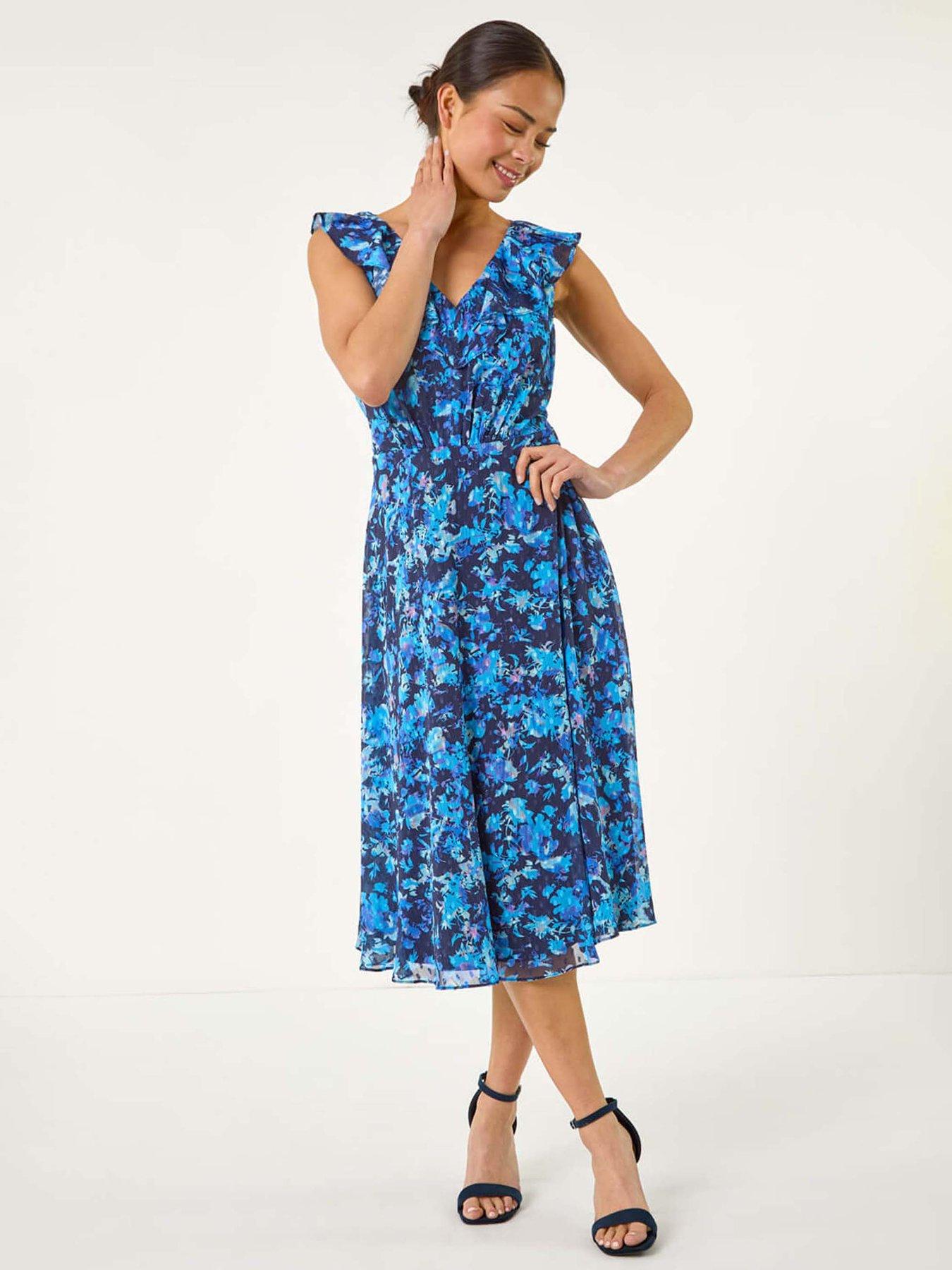 undefined Petite Floral Print Frill Front Midi Dress  - Navy