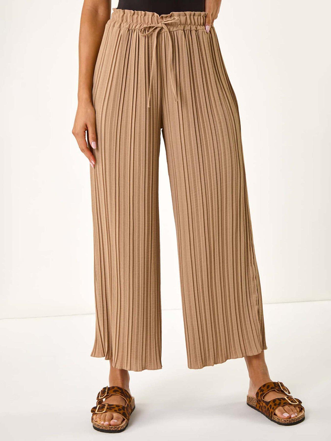 undefined Pleated Wide Leg Stretch Culottes - Beige