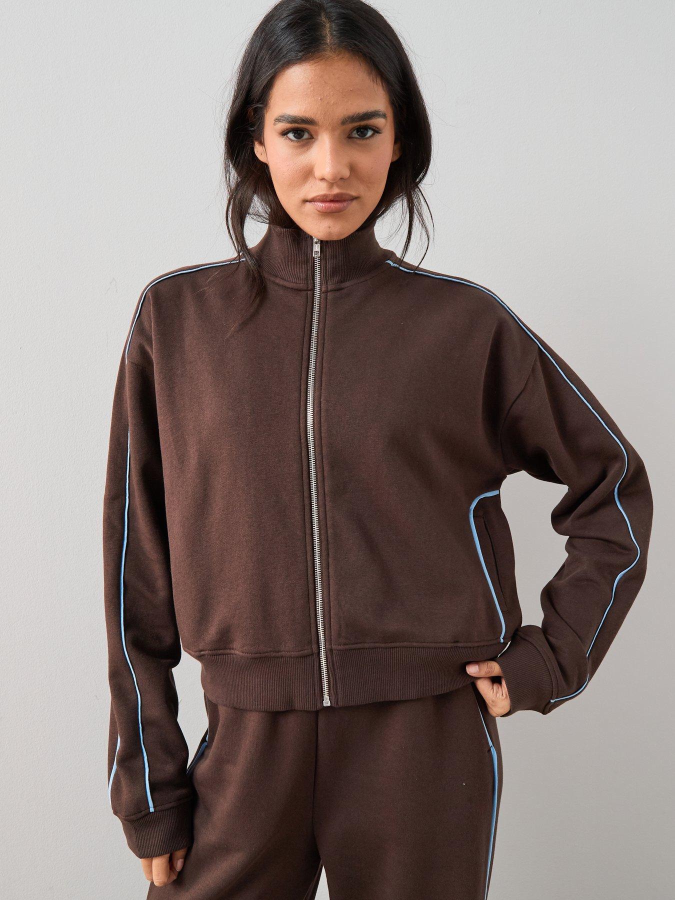 Image 1 of 6 of The Very Collection Zip Through Contrast Jacket Co-Ord - Brown