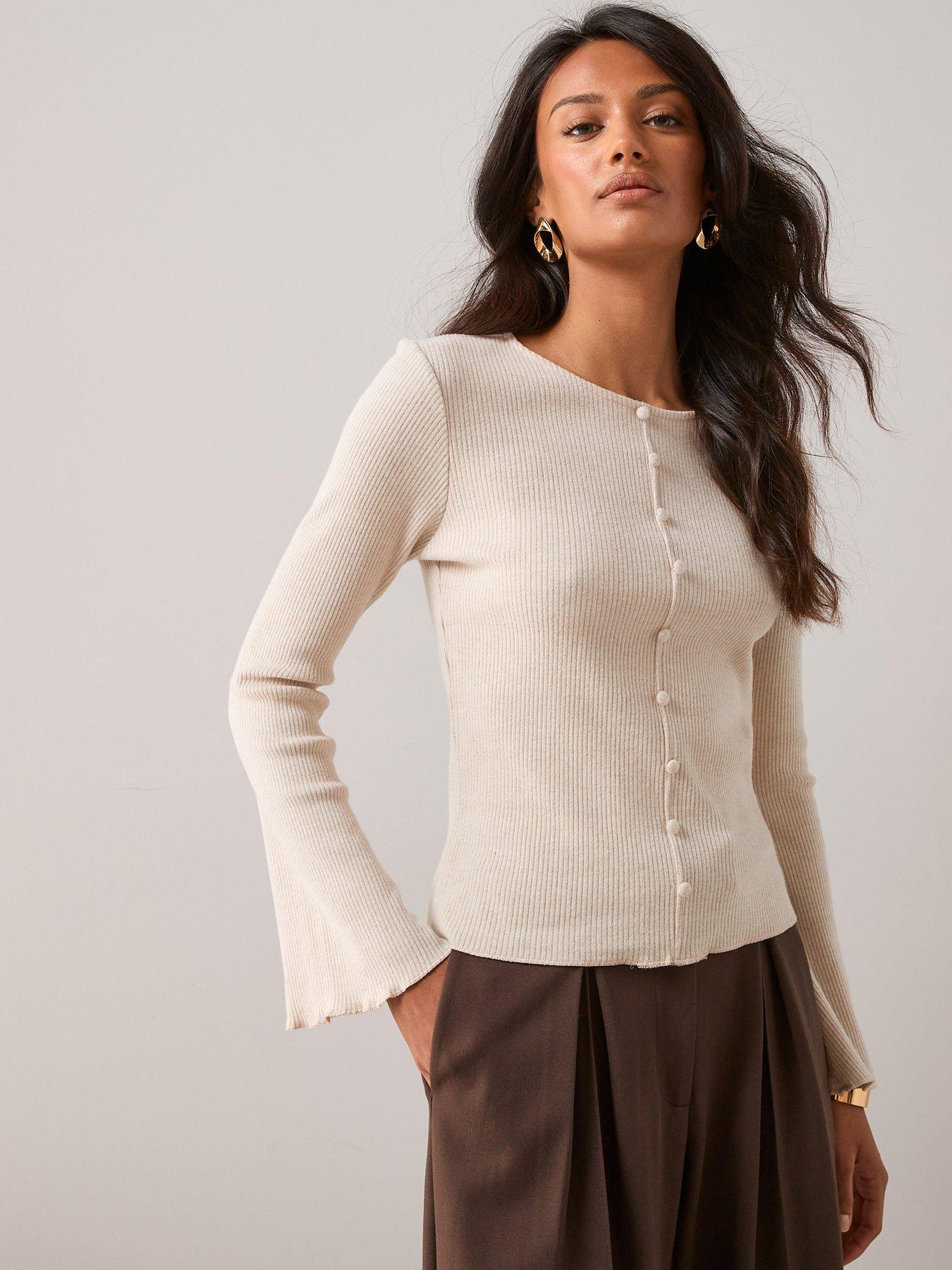 Image 4 of 7 of The Very Collection Flared Sleeve Ribbed Top - Cream