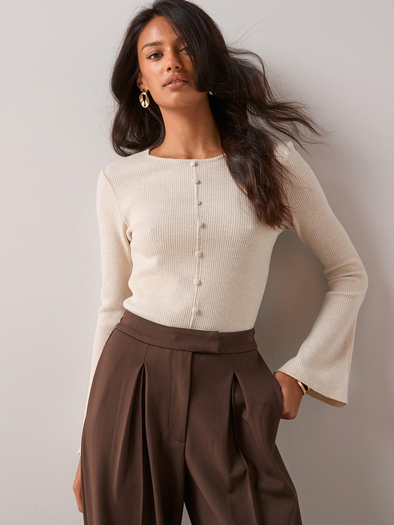 Image 5 of 7 of The Very Collection Flared Sleeve Ribbed Top - Cream