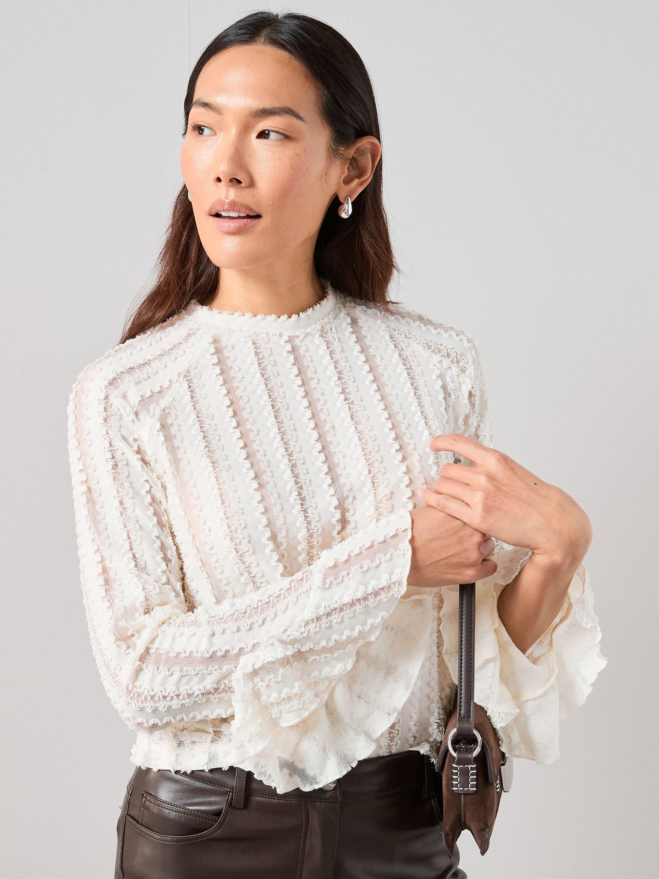The Very Collection: Ruffle Sleeve Lace Top - Cream