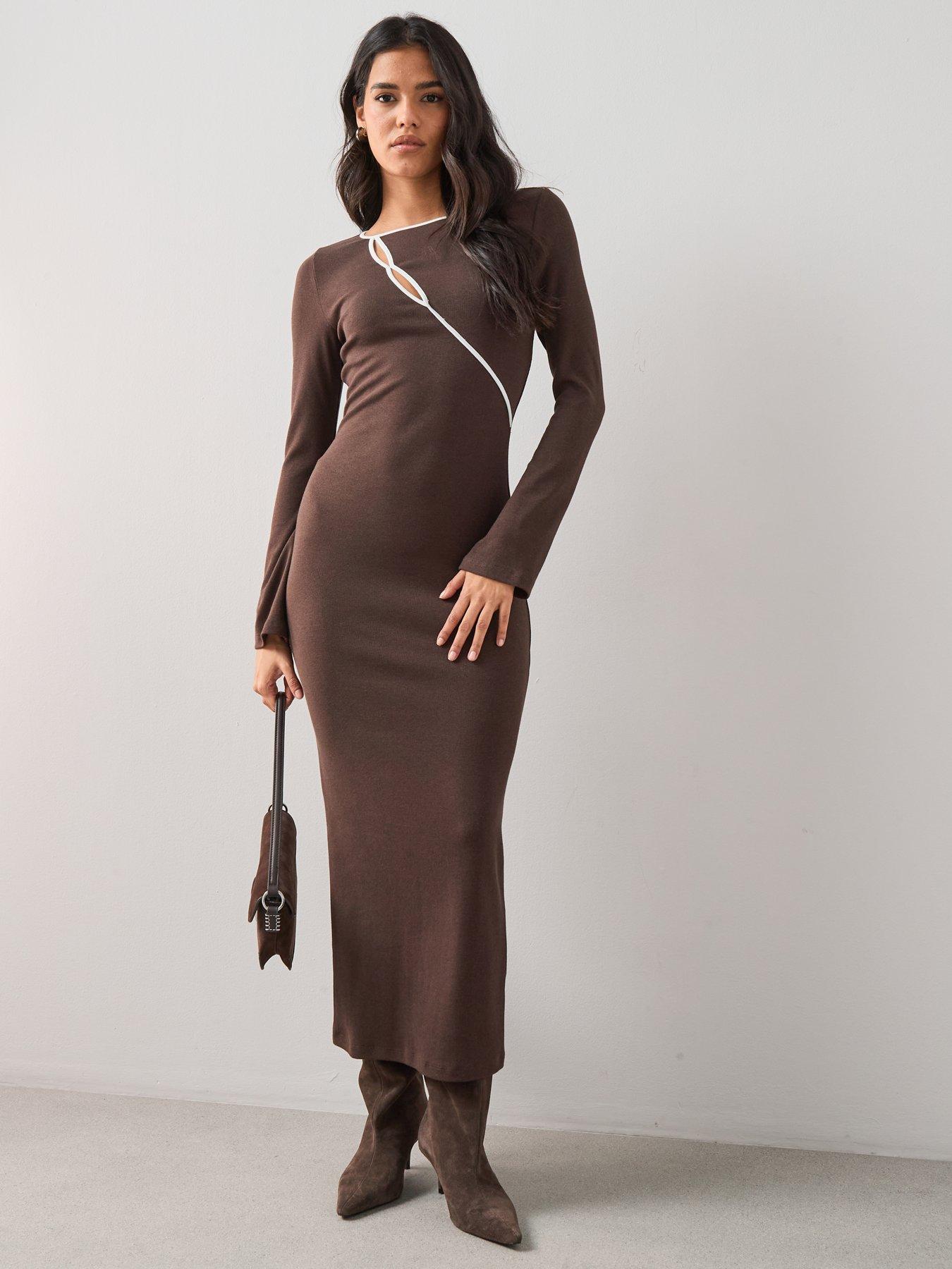 The Very Collection Long Sleeve Rib Cut Out Jersey Maxi Dress - Brown