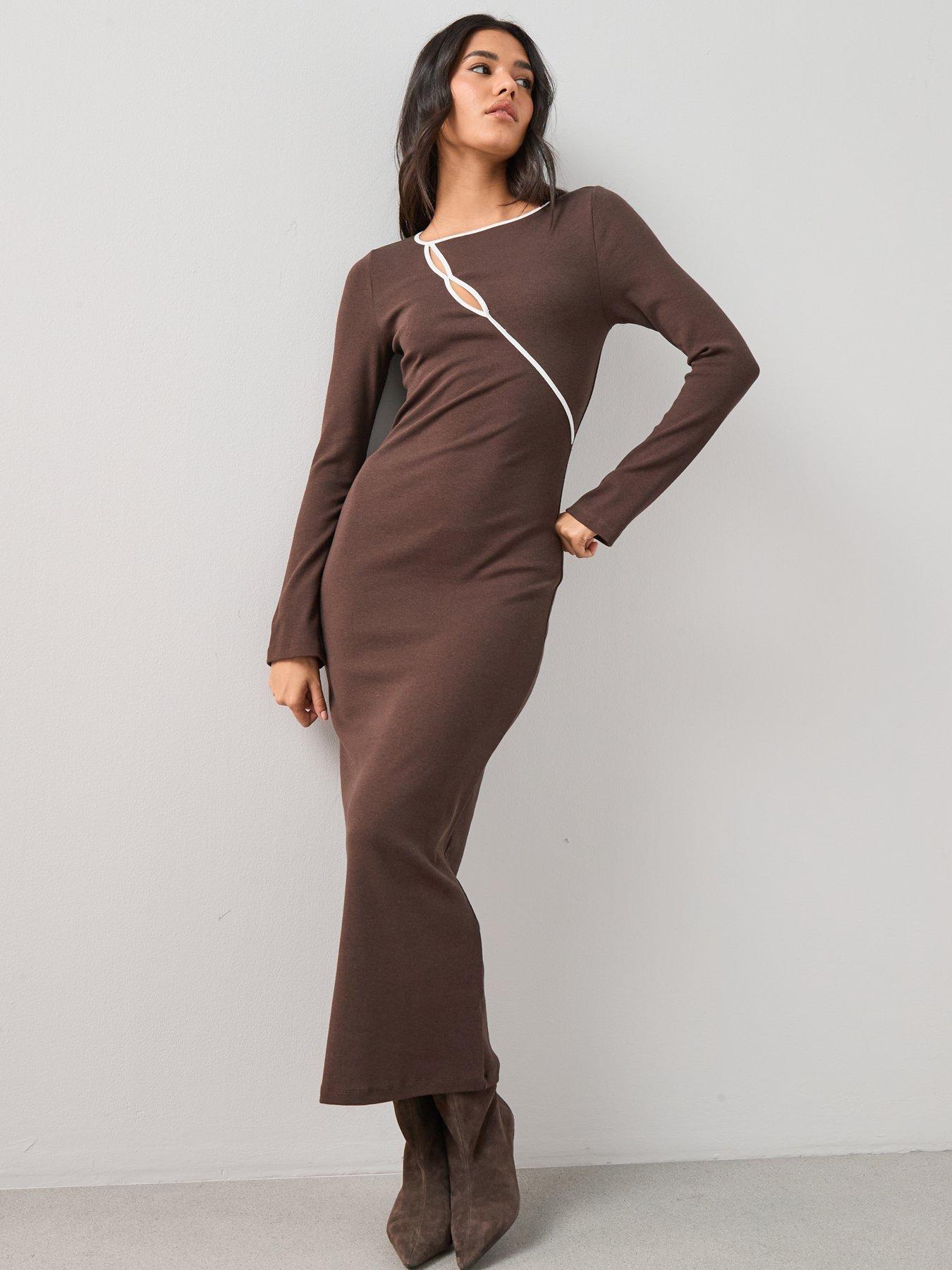 The Very Collection Long Sleeve Rib Cut Out Jersey Maxi Dress - Brown | Very