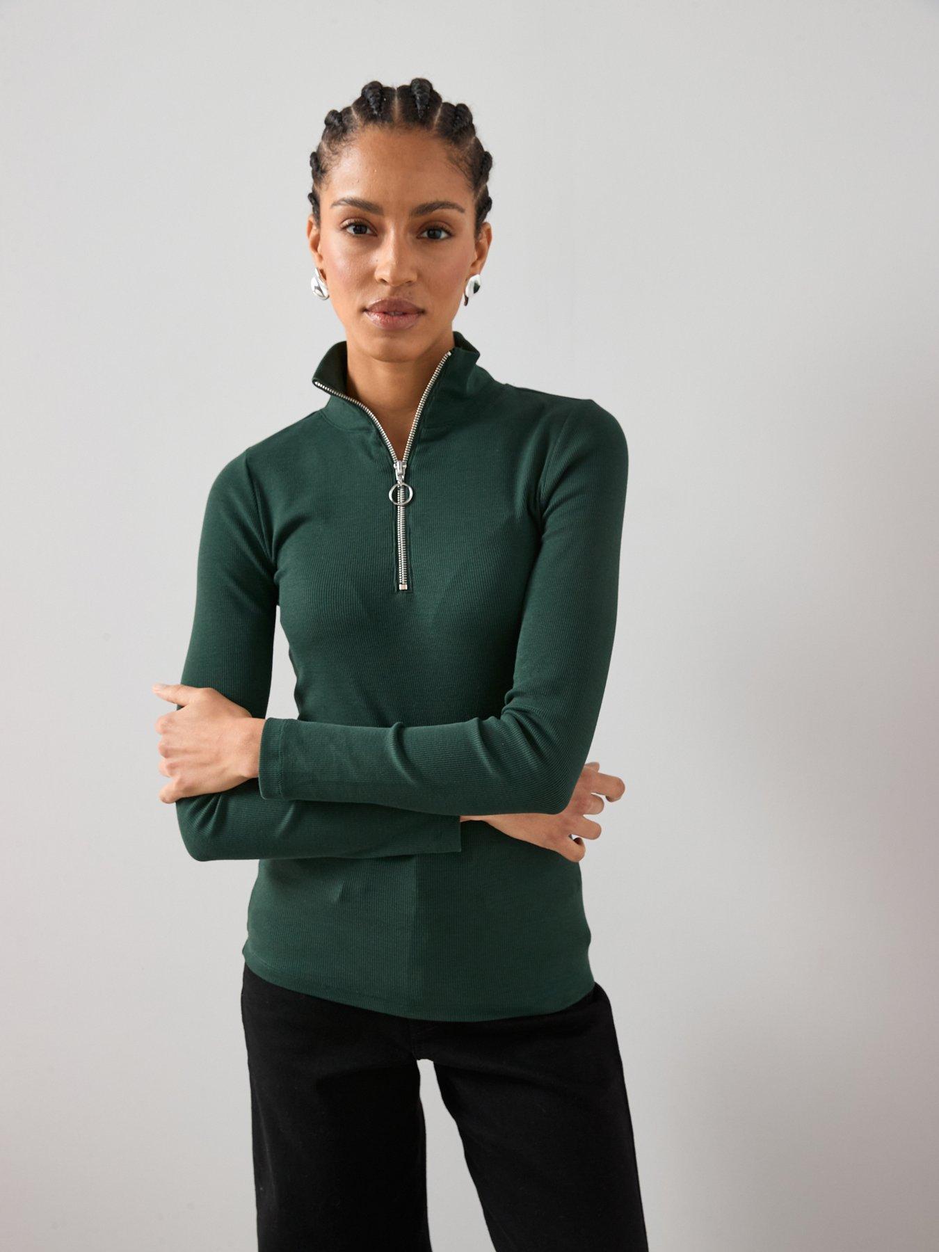 The Very Collection Ribbed Half Zip Top - Green