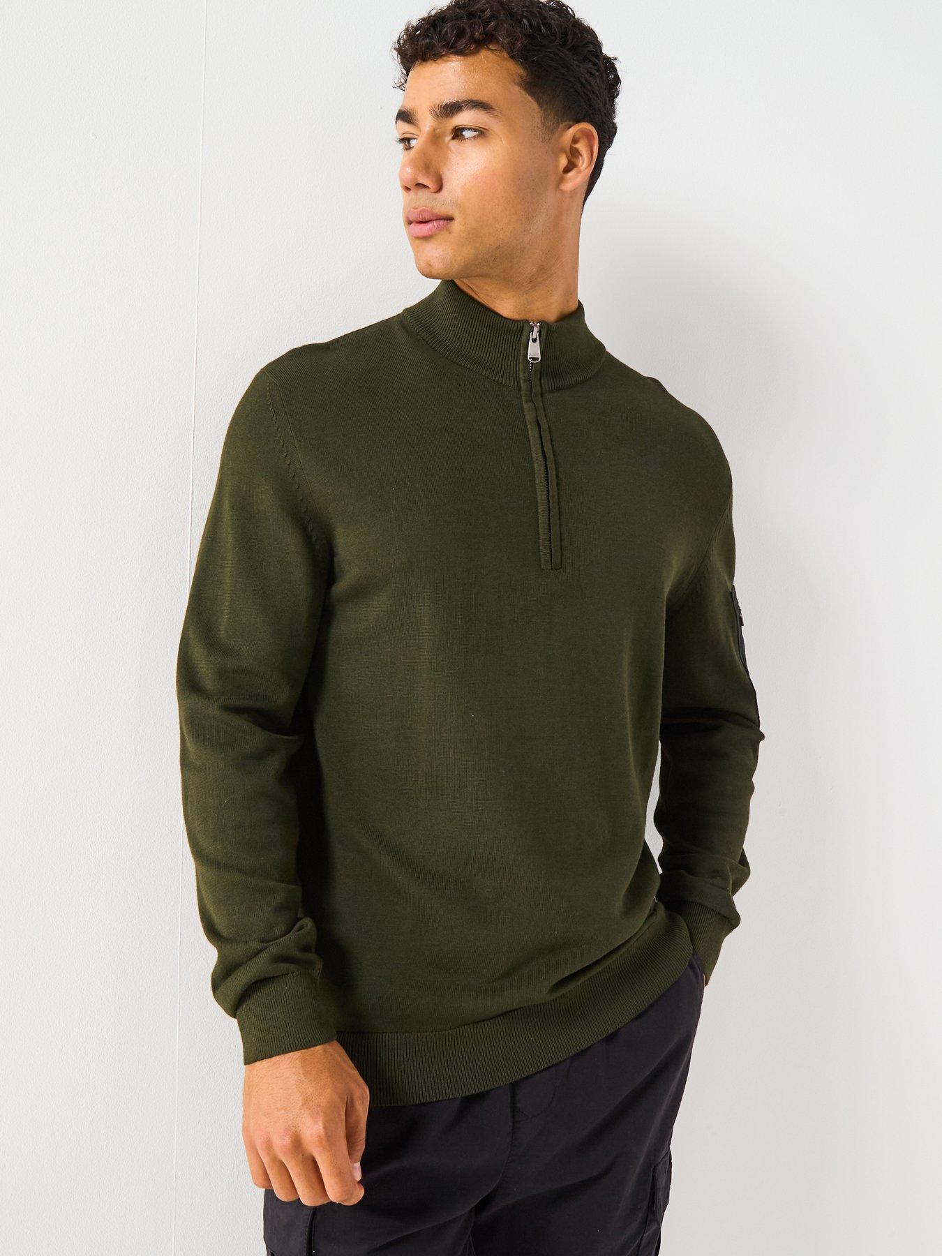 undefined Blades Cotton Half Zip Knitted Jumper - Dark Green