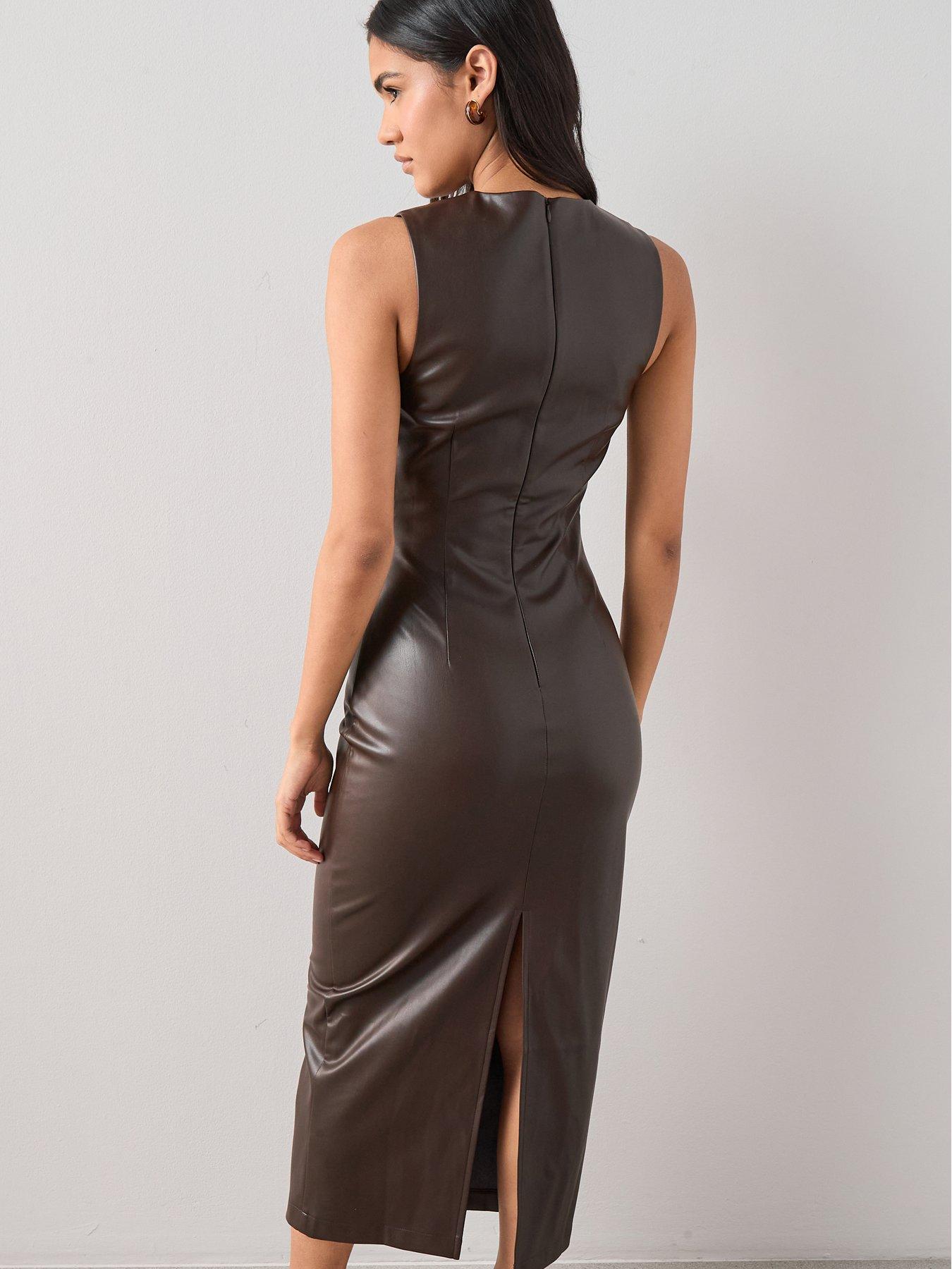 Image 2 of 7 of The Very Collection Pu Midi&nbsp;Dress - Brown