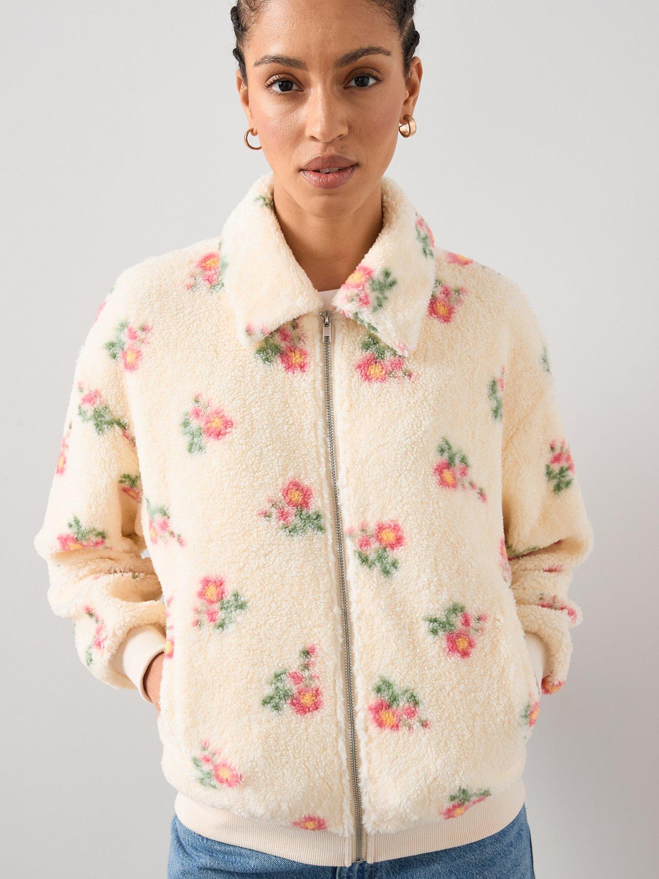 Image 1 of 7 of The Very Collection Printed Floral Borg Jacket - Cream