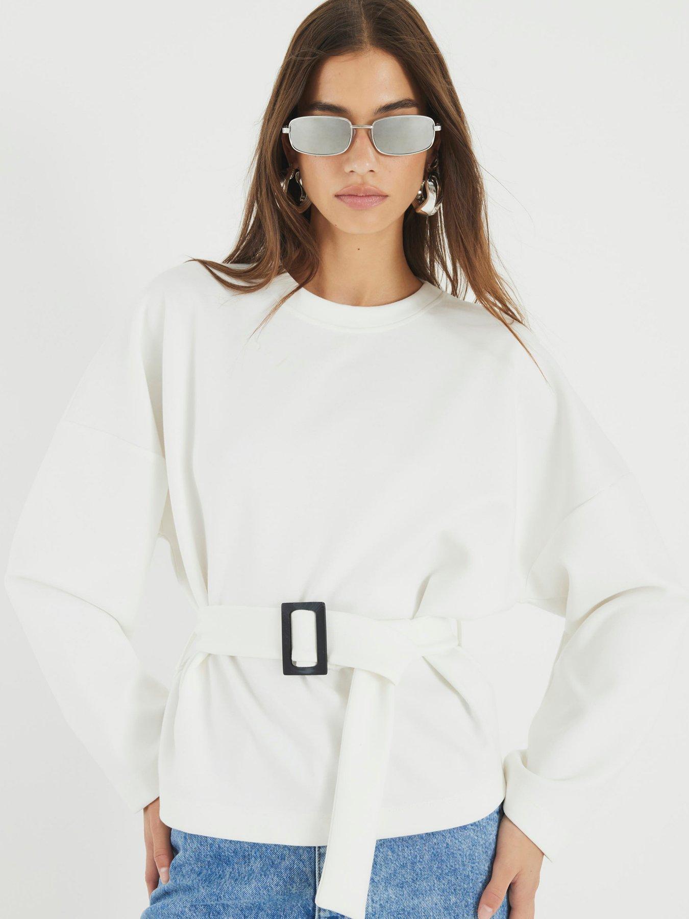 undefined Long Sleeve Belted Sweatshirt - White