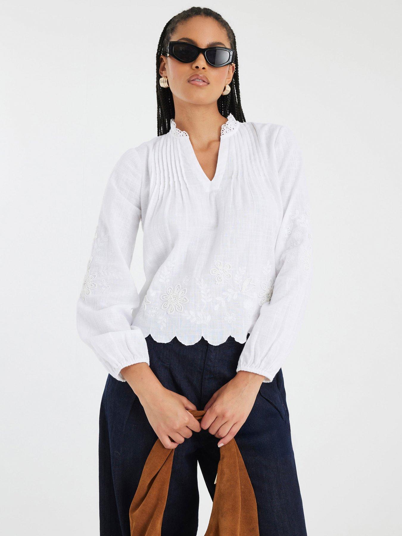 undefined Long Sleeve V-Neck Blouse - White