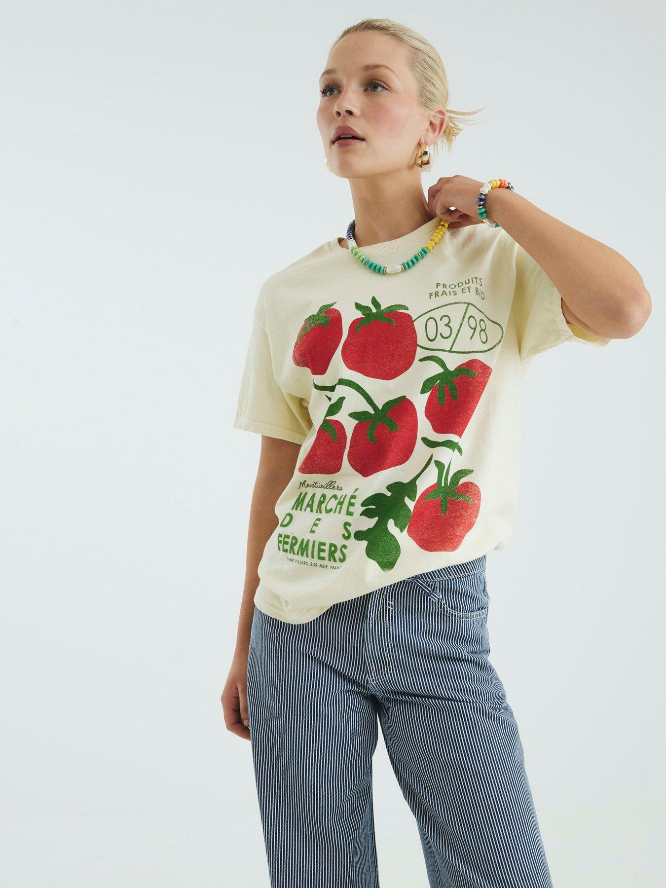 Image 1 of 4 of River Island Short Sleeve Sketchy Tomato T-Shirt - Yellow