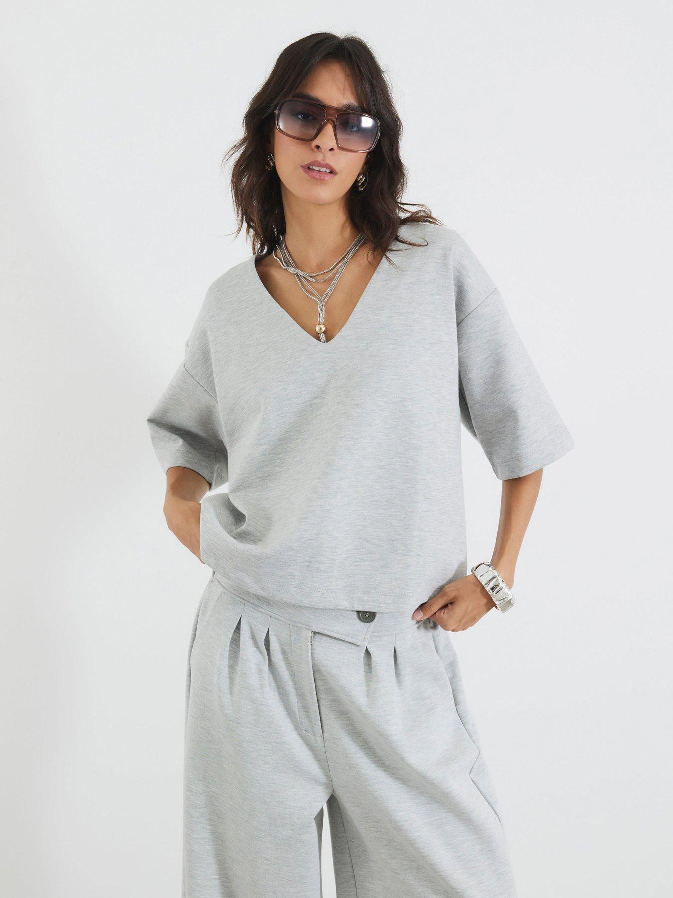 undefined Short Sleeve V-Neck Interlock T-Shirt - Grey
