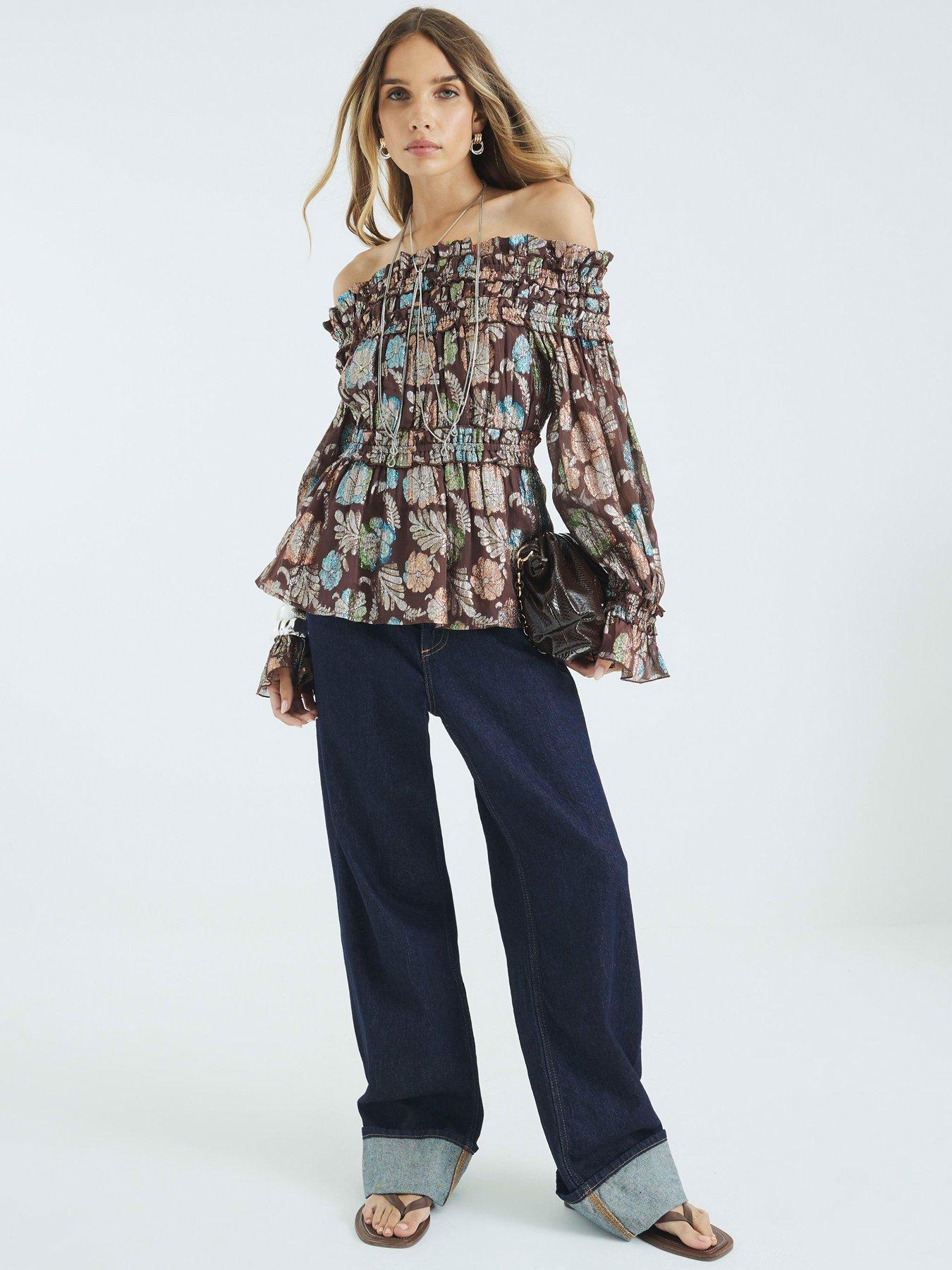 Image 3 of 4 of River Island Raw Edge Bardot Top - Brown