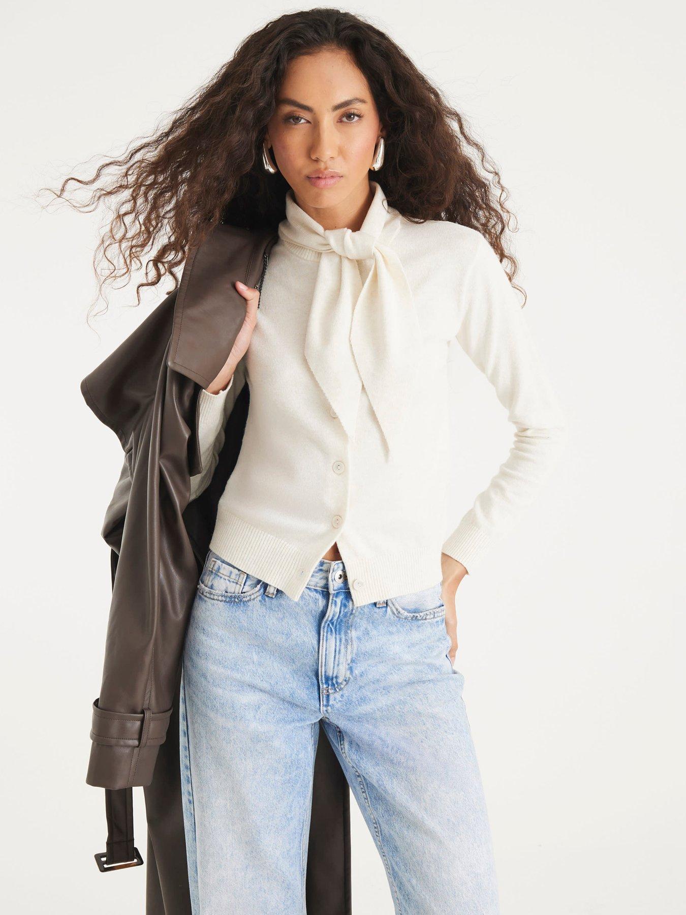River Island Knitted Long Sleeve Tie Neck Top - Cream