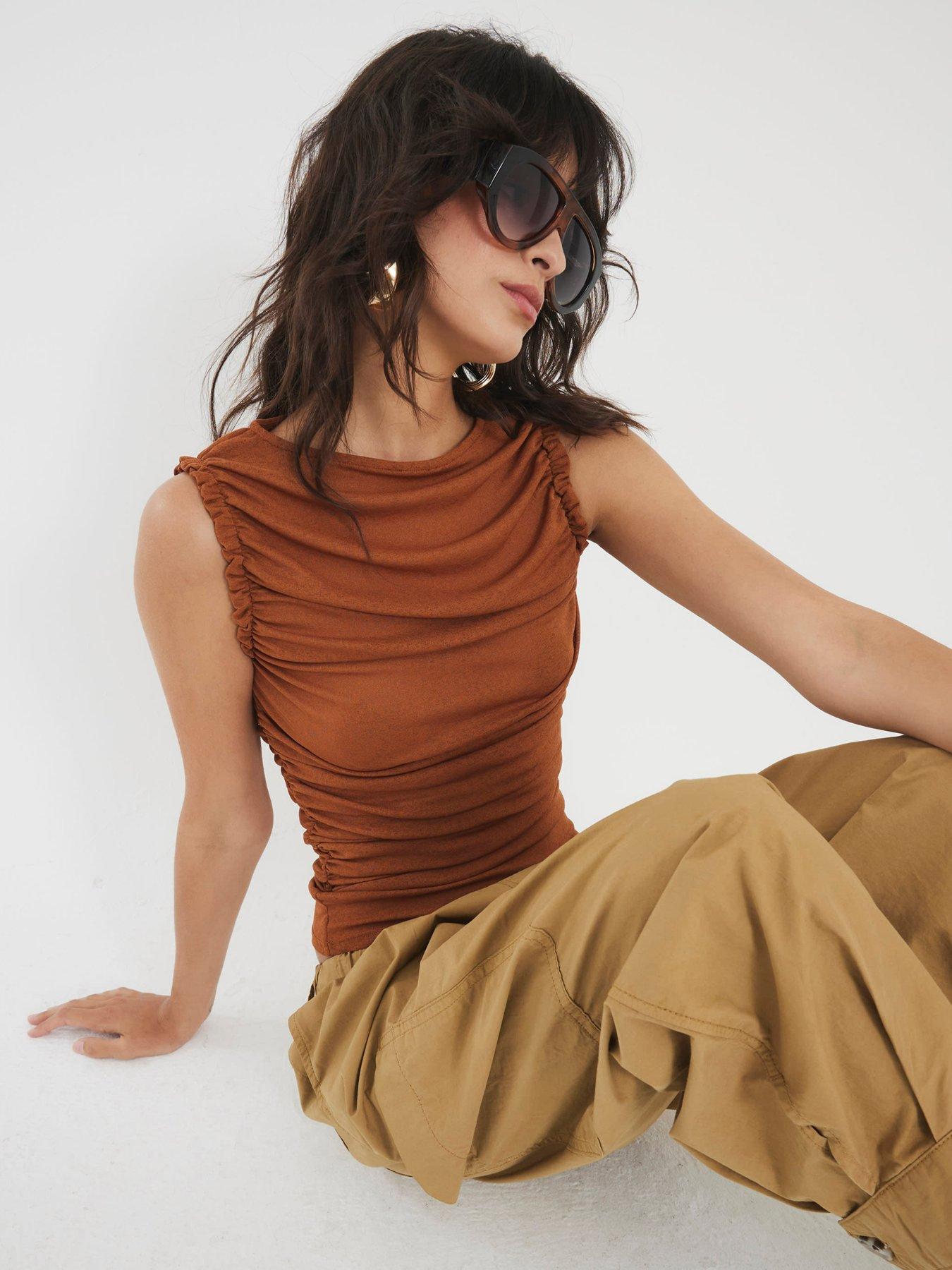 undefined Drape Ruched Shoulder Top - Orange