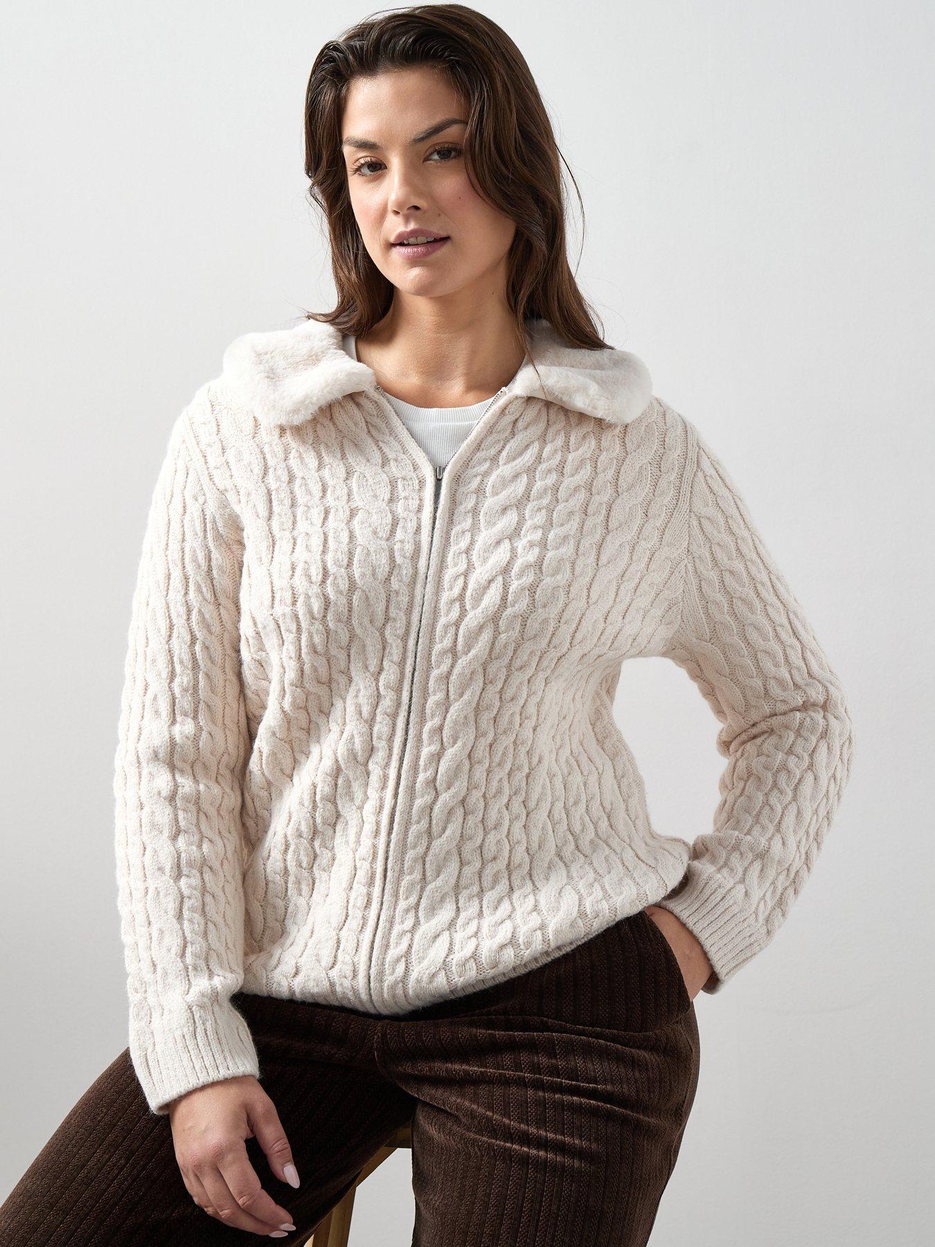 The Very Collection Curve Fur Collar Knitted Cardigan - Cream