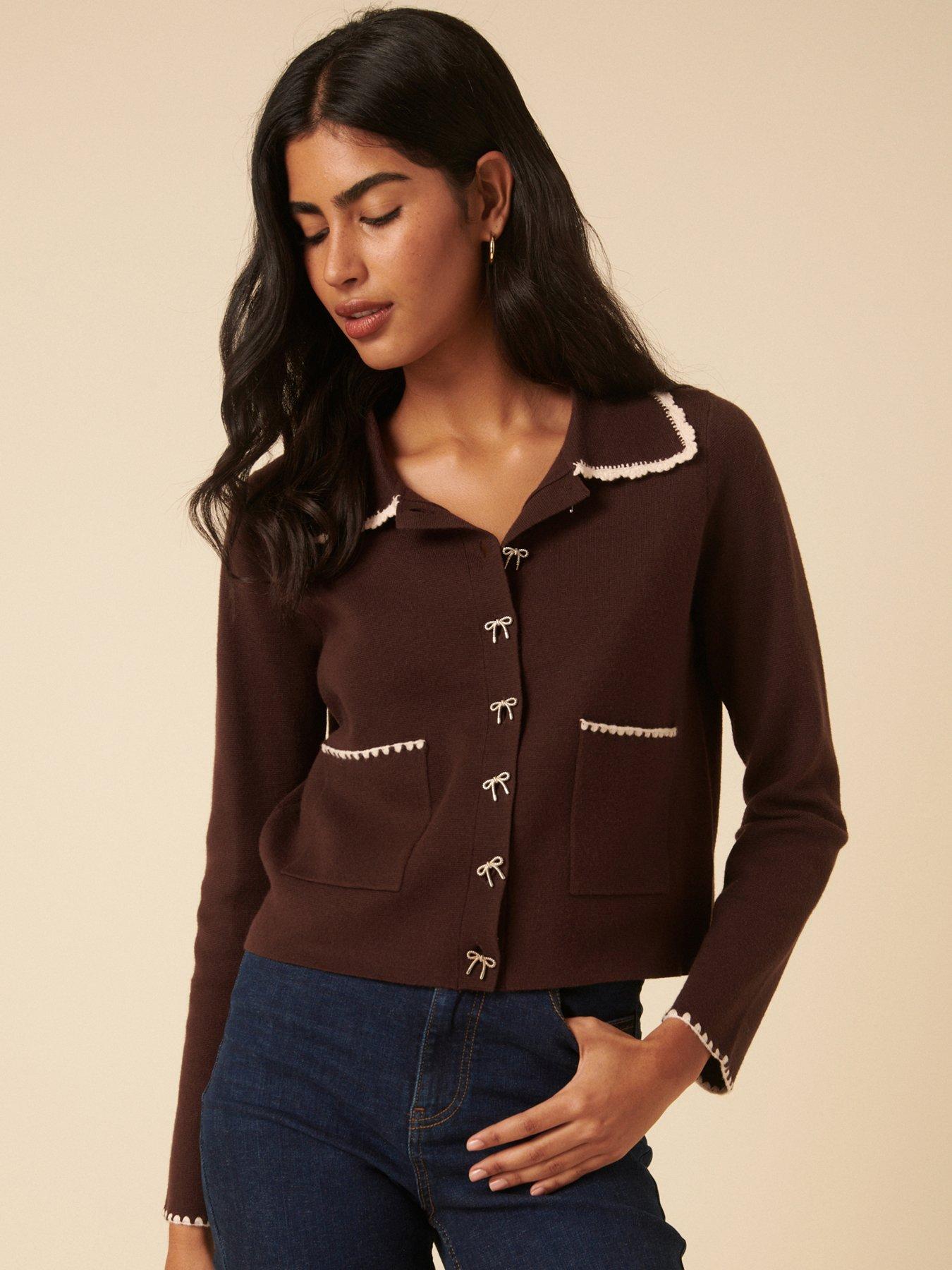 Nobodys Child Collared Crochet Knitted Jacket - Brown