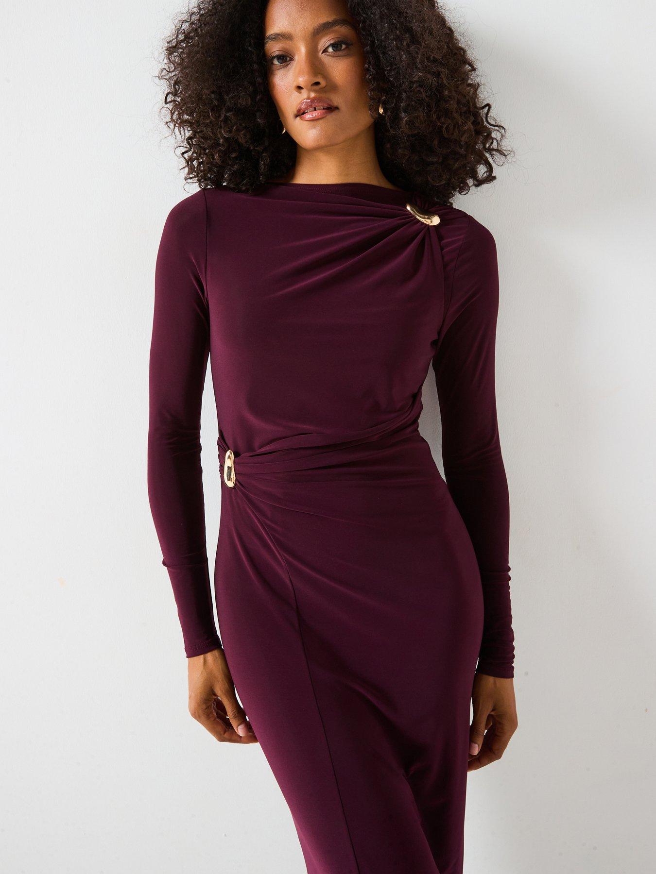 undefined Long Sleeve Draped Asymmetric Maxi with Gold Teardrop Trims - Red