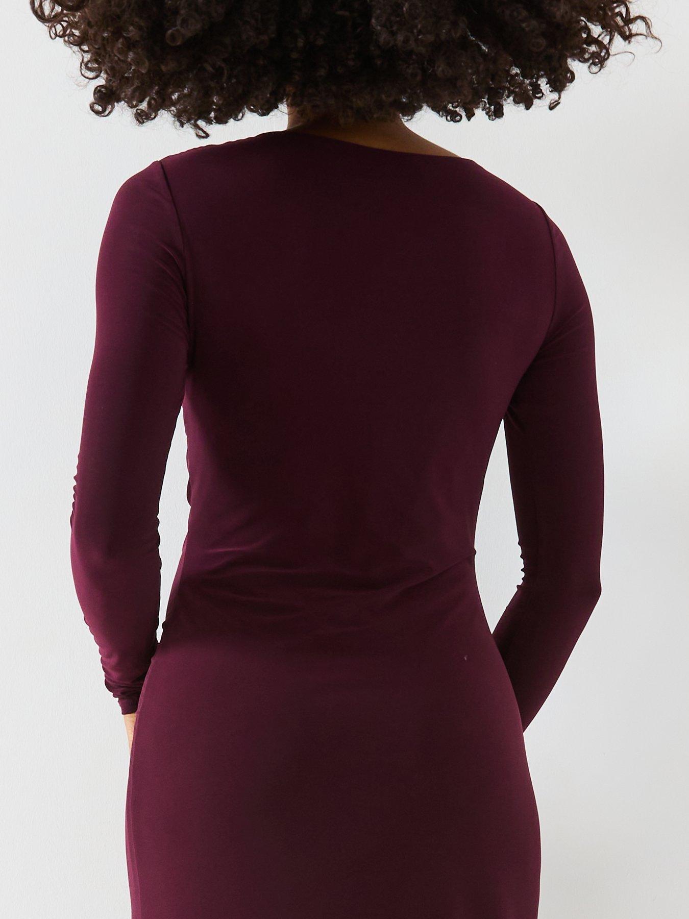 Image 5 of 6 of V by Very Long Sleeve Draped Asymmetric Maxi with Gold Teardrop Trims - Red