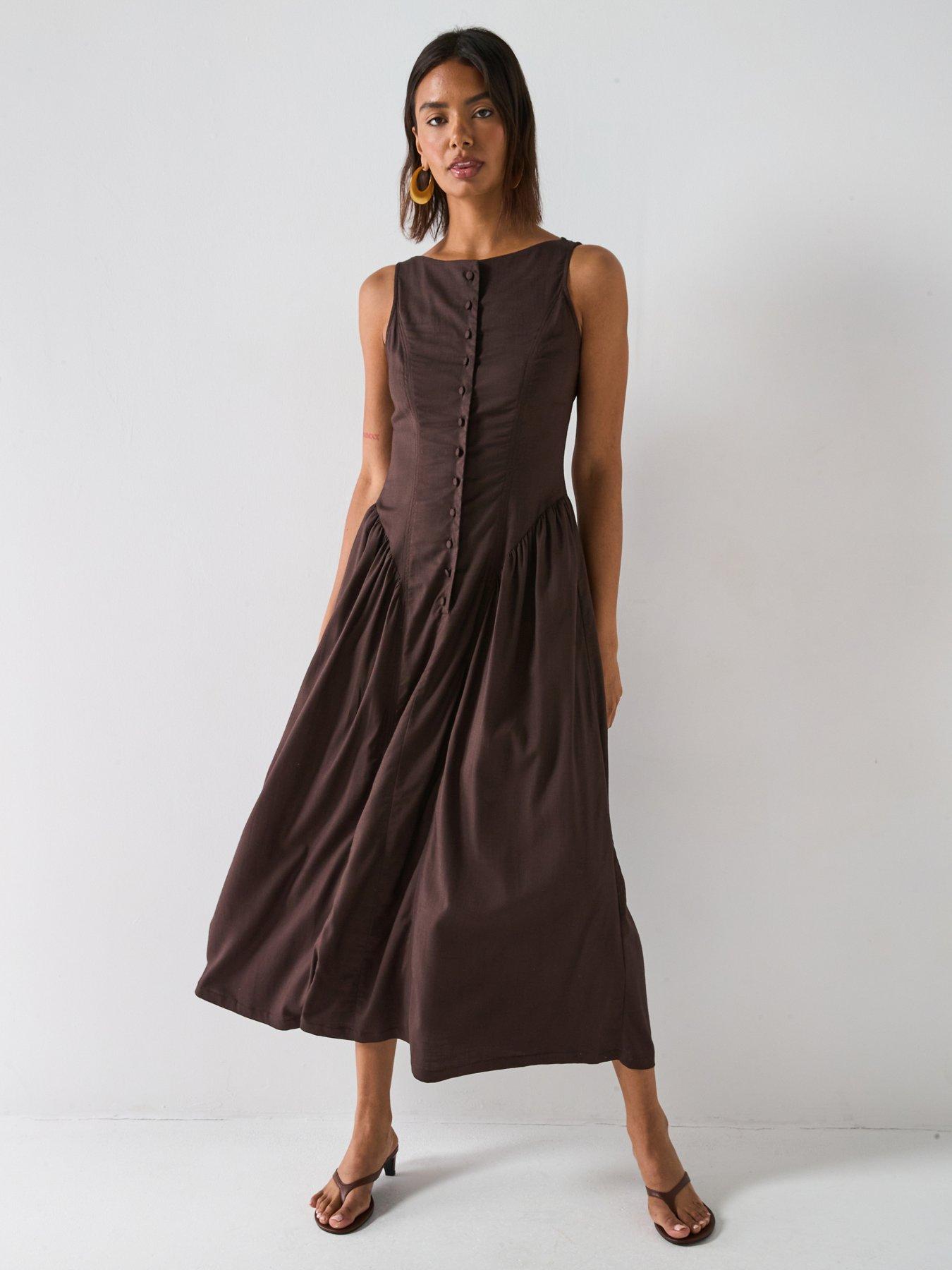 V by Very: Dropped Waist Button Down Midaxi Dress - Brown