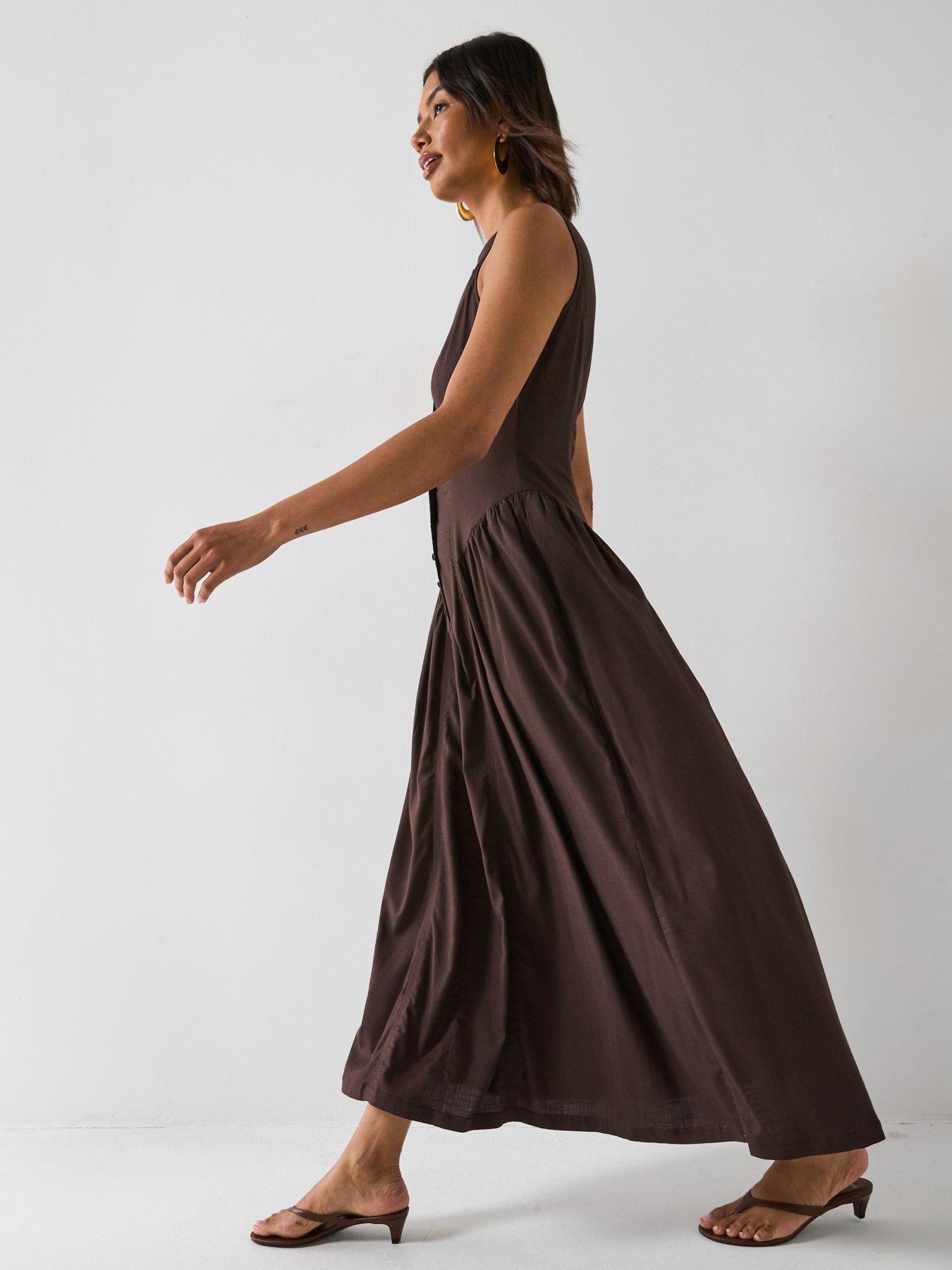 V by Very Dropped Waist Button Down Midaxi Dress - Brown