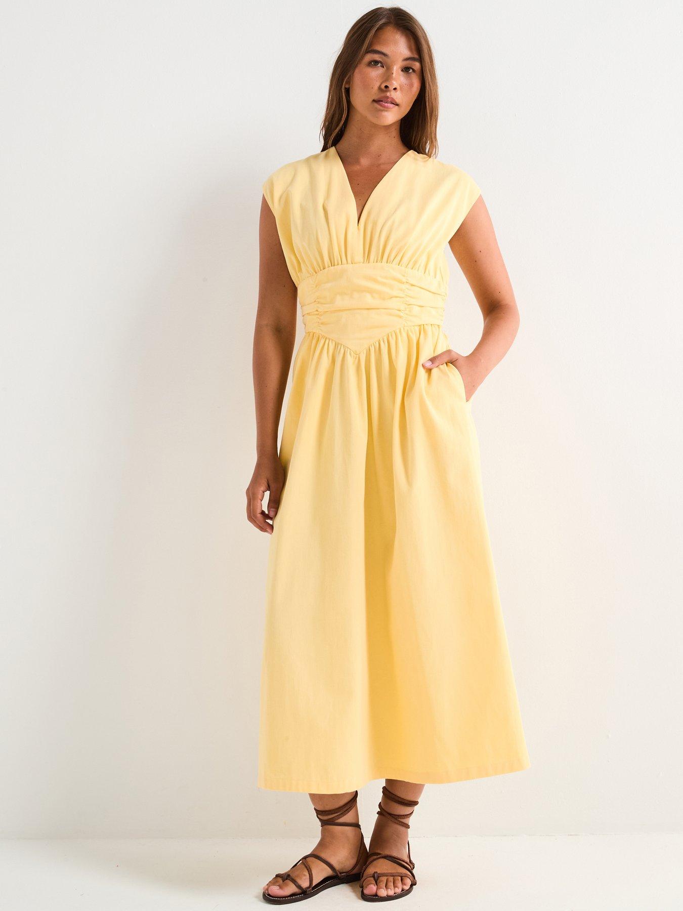 Image 1 of 5 of V by Very Shirred Waist V-Neck Midaxi Dress - Yellow