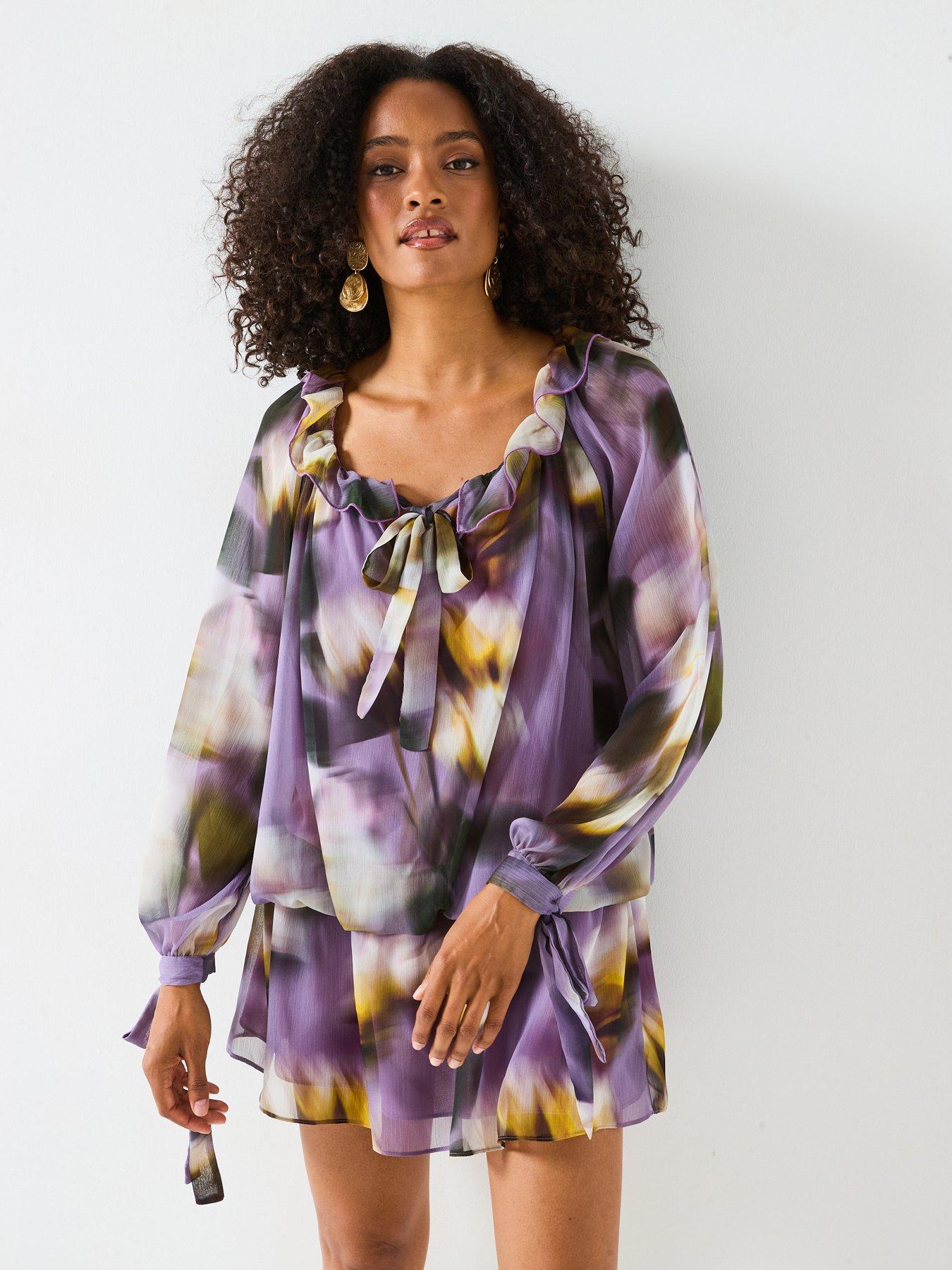 undefined Dropped Hem Tie Sleeve Printed Mini Dress