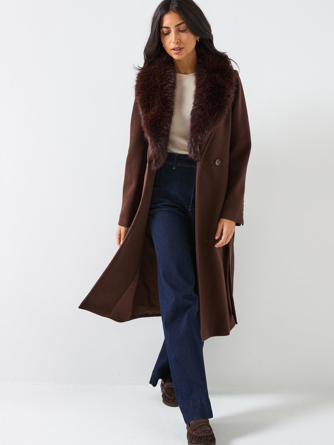 Forever New Monica Faux Fur Collar Wrap Coat - Brown