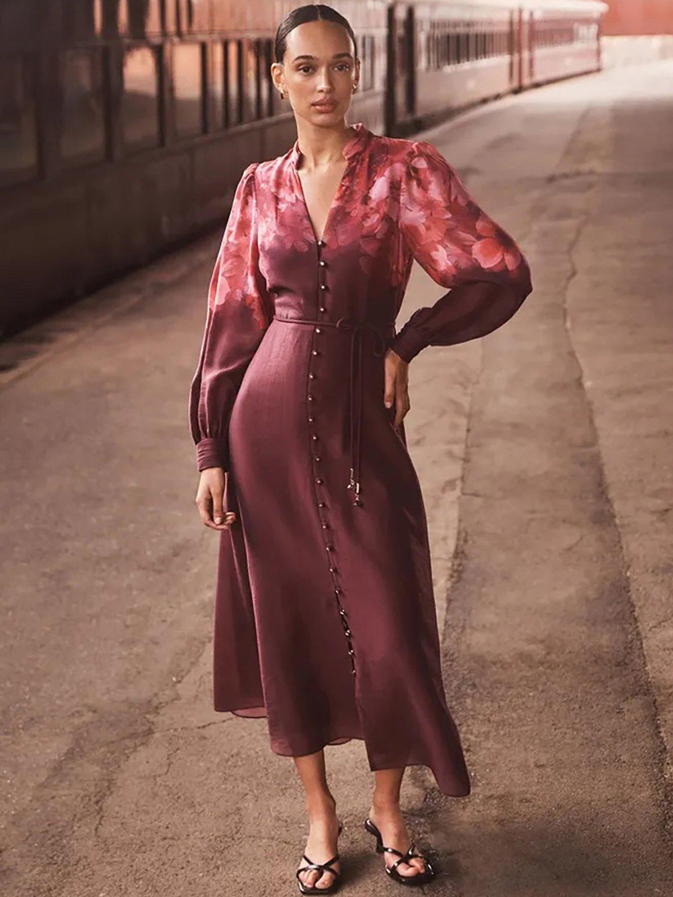 a line long sleeve midi dress Zapaka Women Purple Work Dress A Line Boat Neck Long Sleeve Midi Semi Formal Dress, Dark Purple / US16W