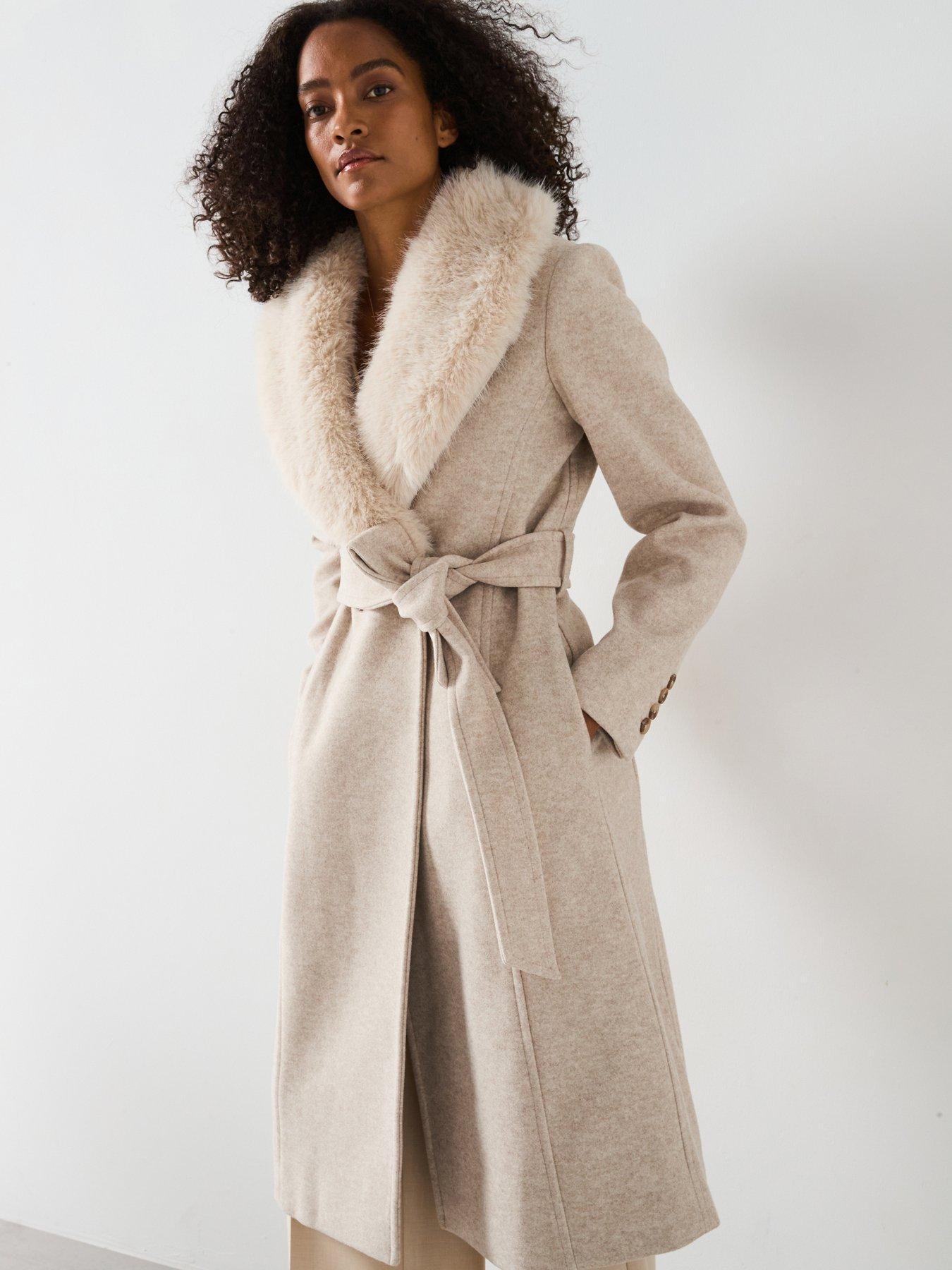 Forever New Monica Fur Collar Wrap Coat - Beige