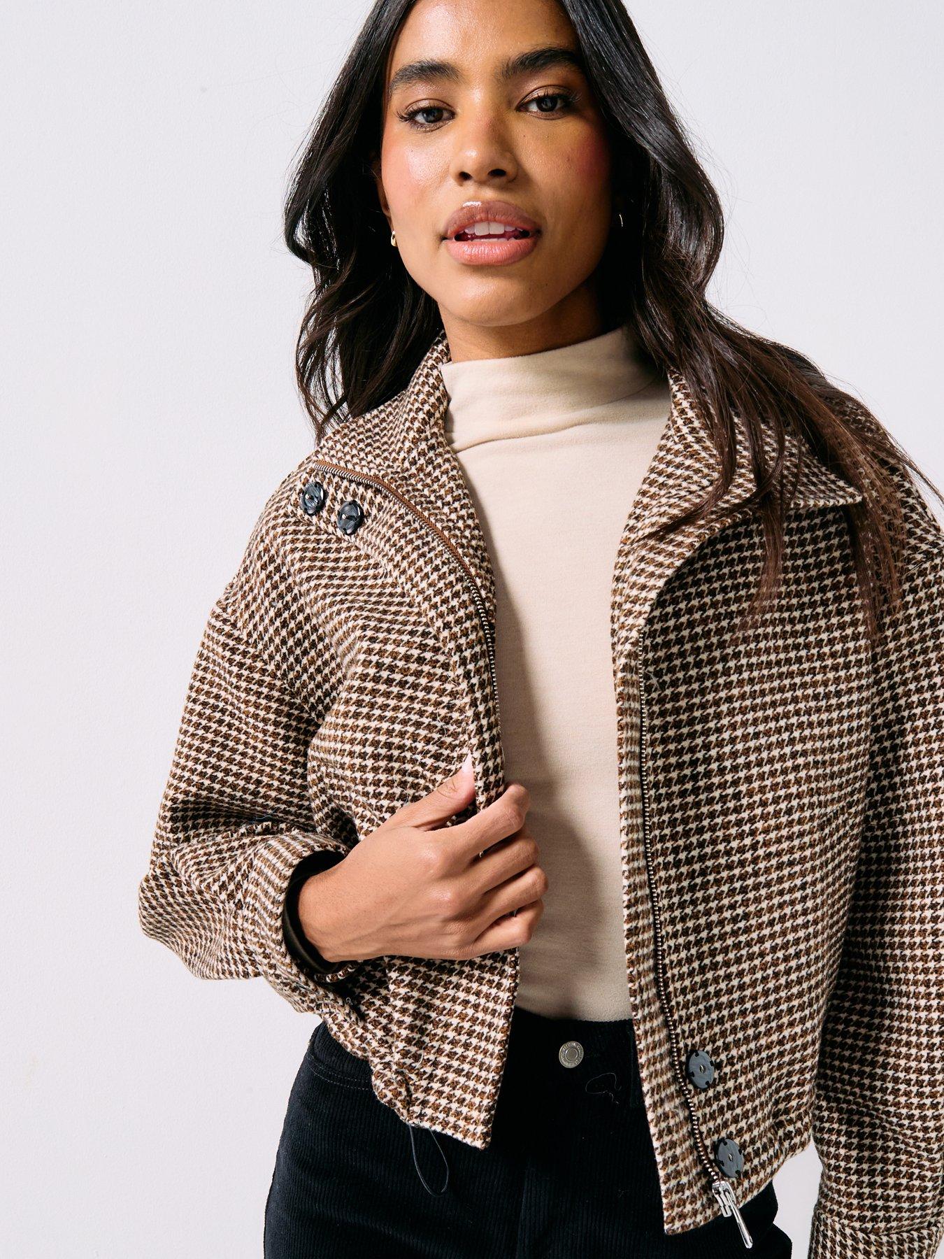 Image 1 of 5 of Forever New Kaia Check Crop Jacket - Brown
