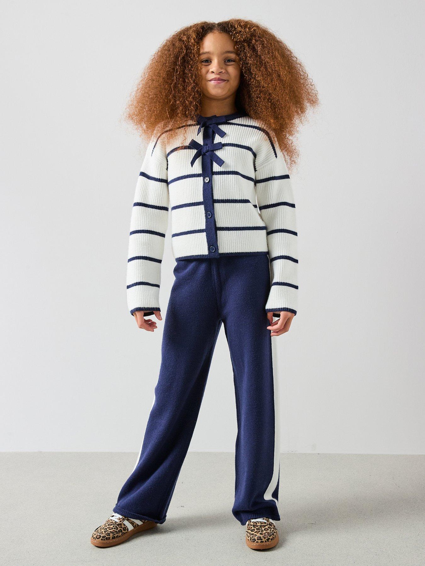 The Very Collection Girls Knit Stripe Cardigan With Bow Detail And Wide Leg Knitted Trousers - Black