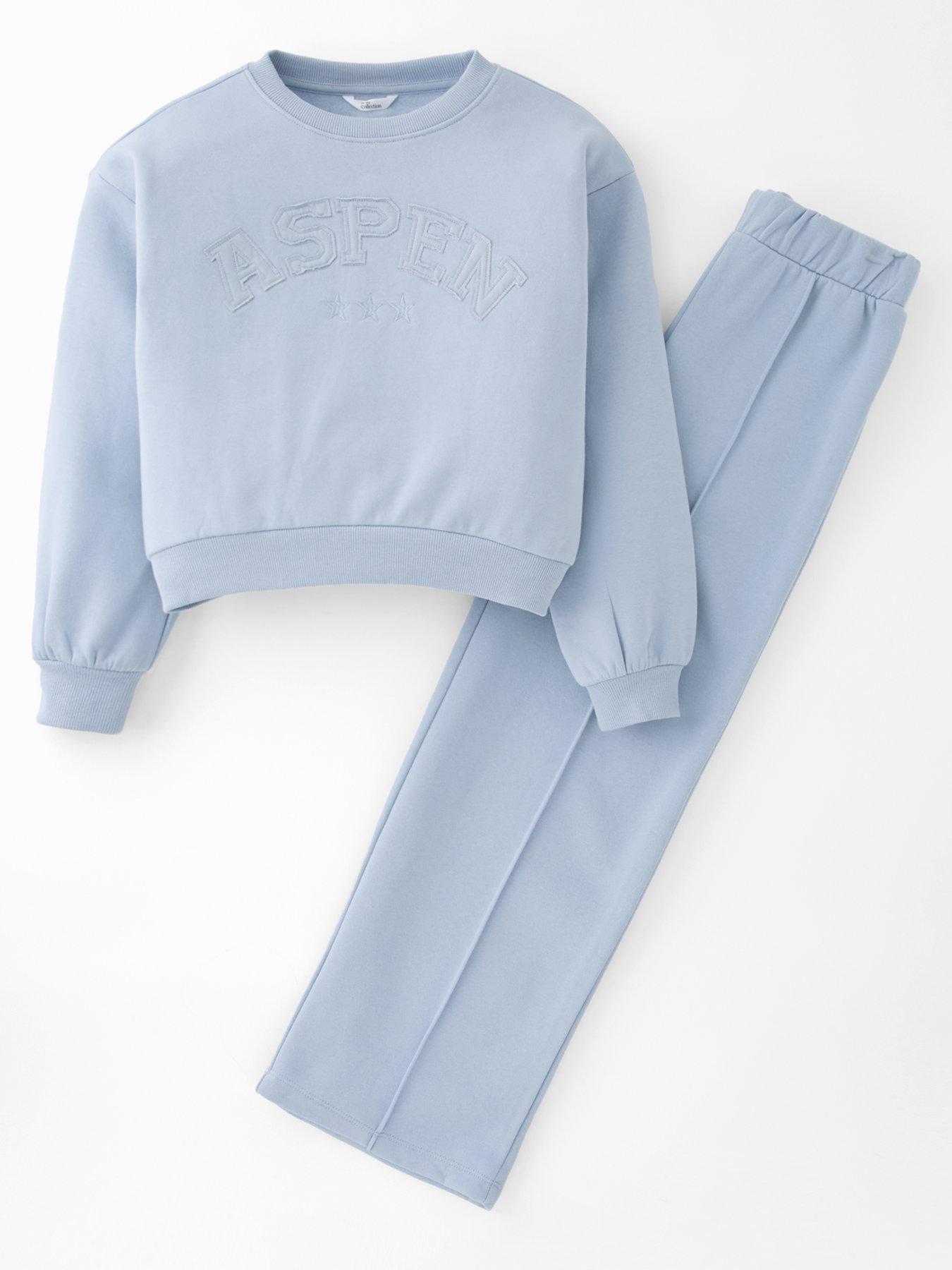 The Very Collection Girls Placement Graphic Sweat And Wide Leg Front Seam Detail Trousers - Blue
