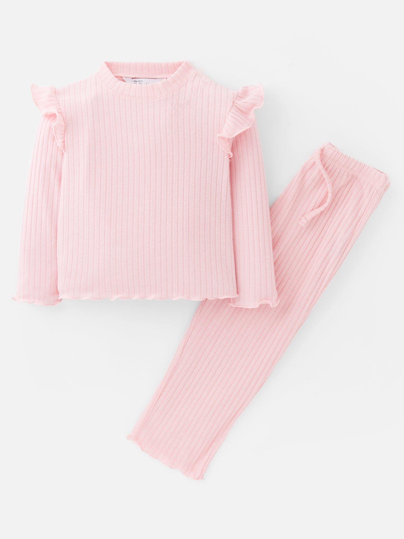 The Very Collection Girls Frill Shoulder Soft Touch Rib Pyjamas - Pink