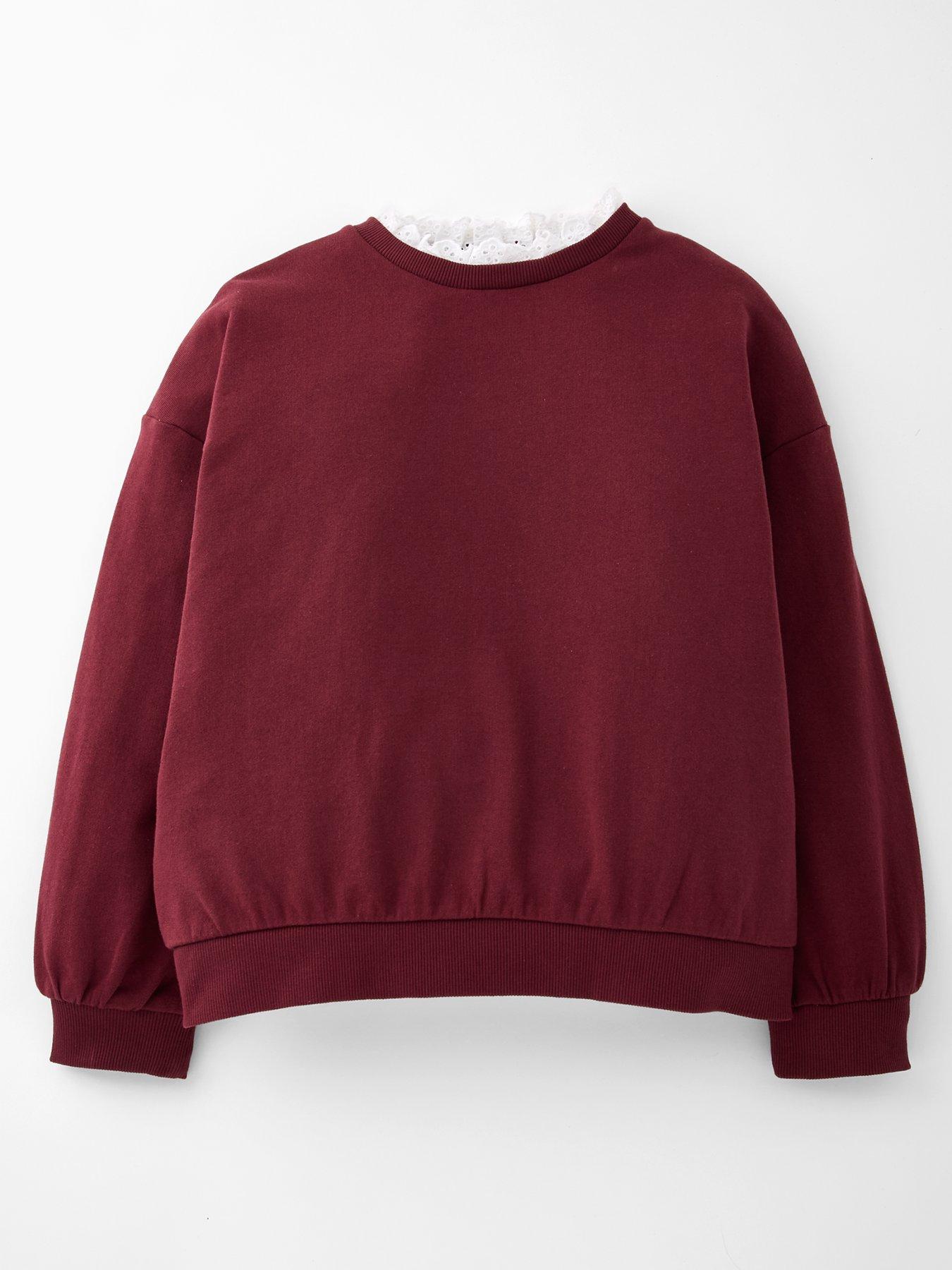 The Very Collection: Girls Cotton Neck Frill Sweatshirt  - Burgundy/Pink
