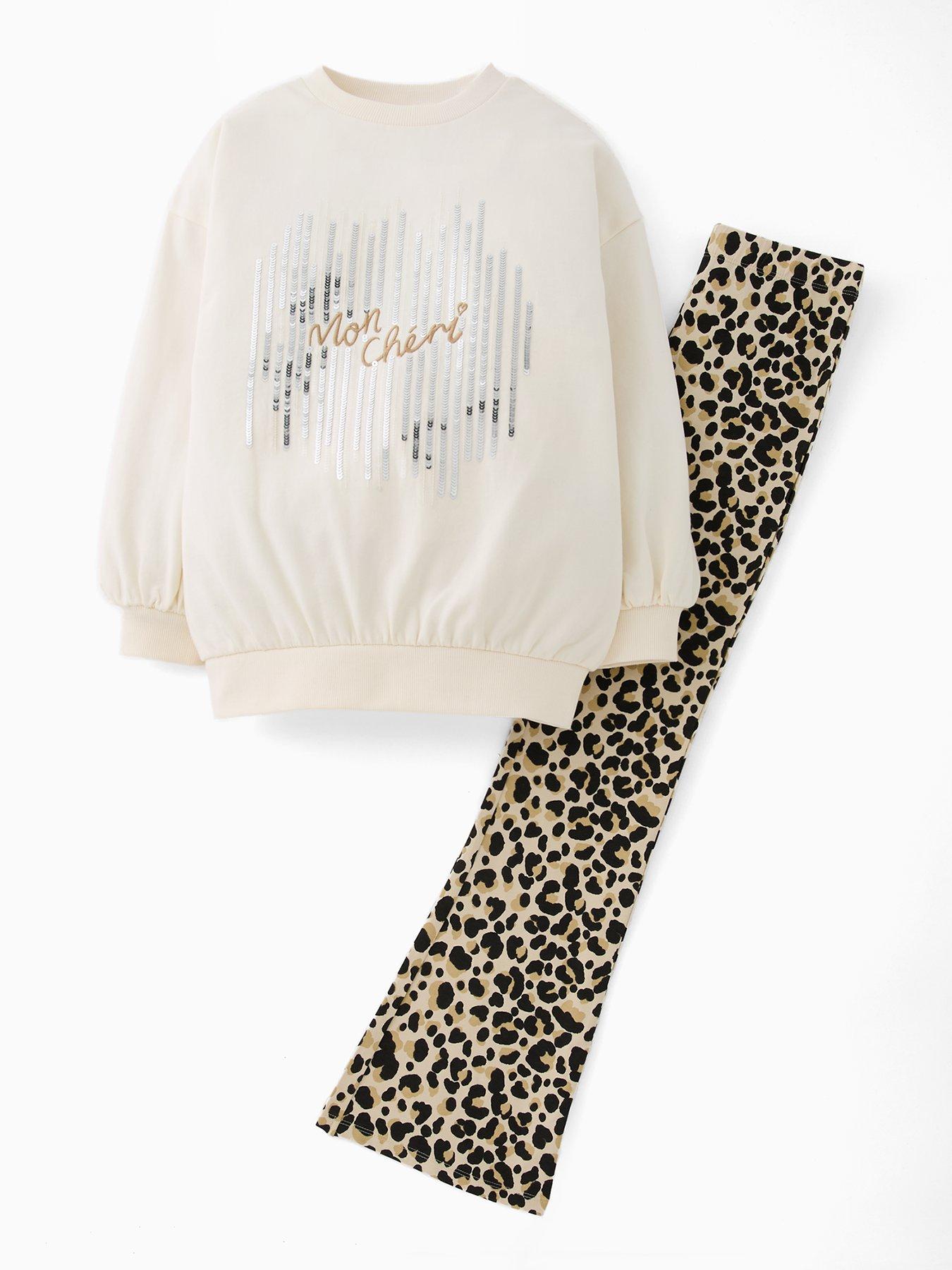 The Very Collection Girls Longline Sweat Leopard Print Outfit - Cream